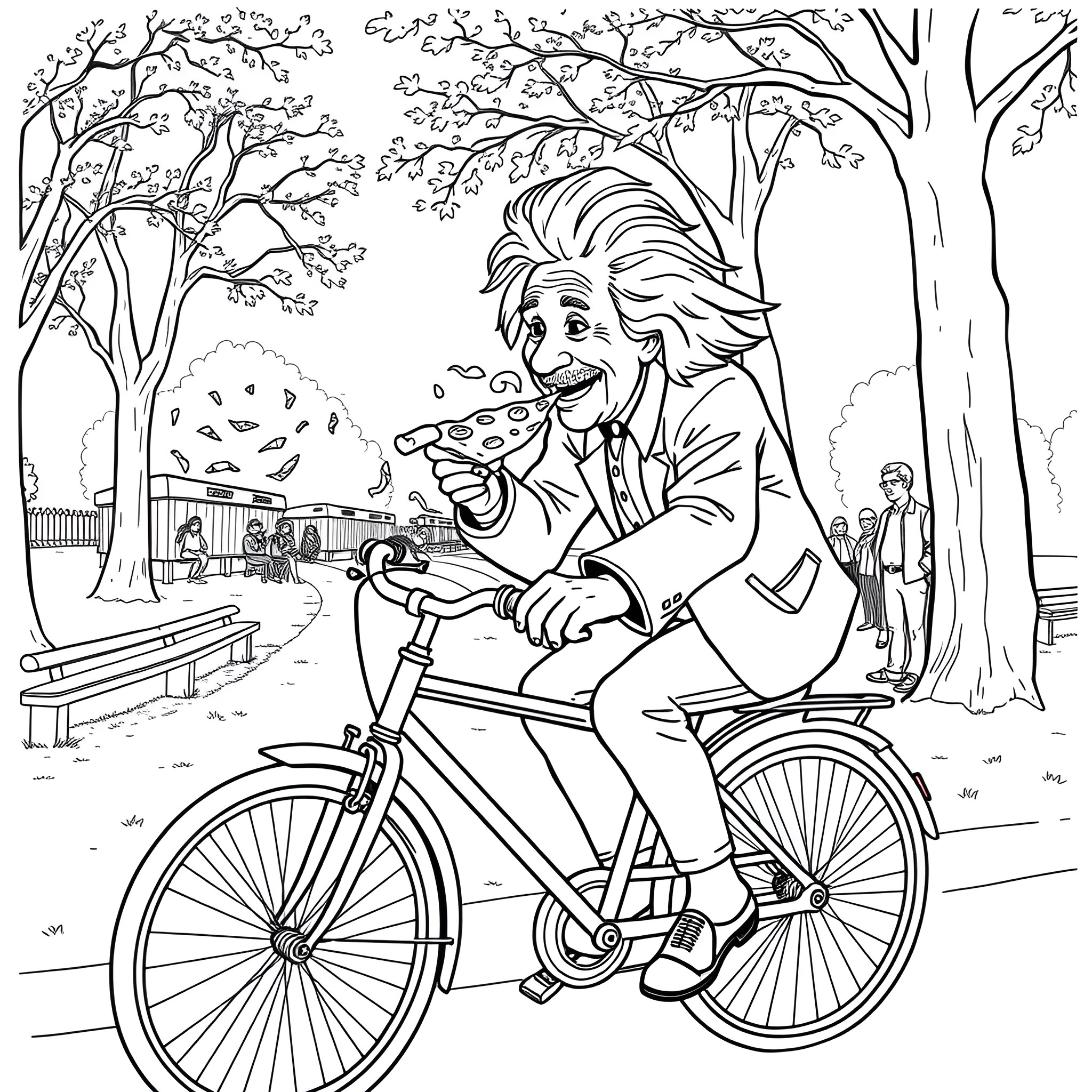 Einstein riding a bicycle in the park Coloring Page (free black-and-white line drawing printable PDF for all, from beginners to advanced learners, including children, teens, adults, and seniors)