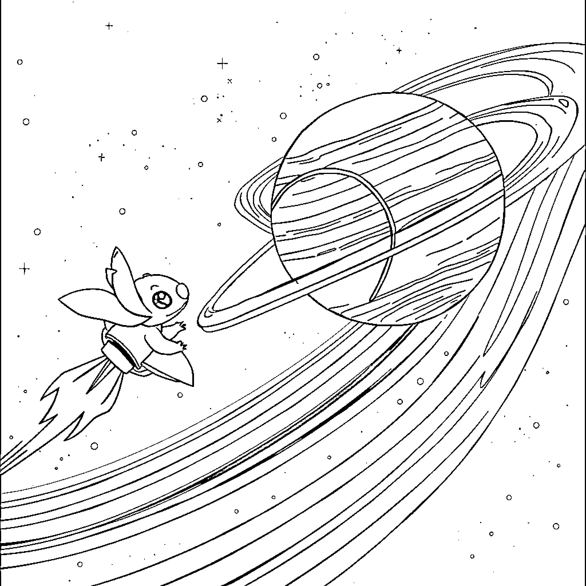 Stitch exploring the colorful cosmos Coloring Page (free black-and-white line drawing printable PDF for all, from beginners to advanced learners, including children, teens, adults, and seniors)
