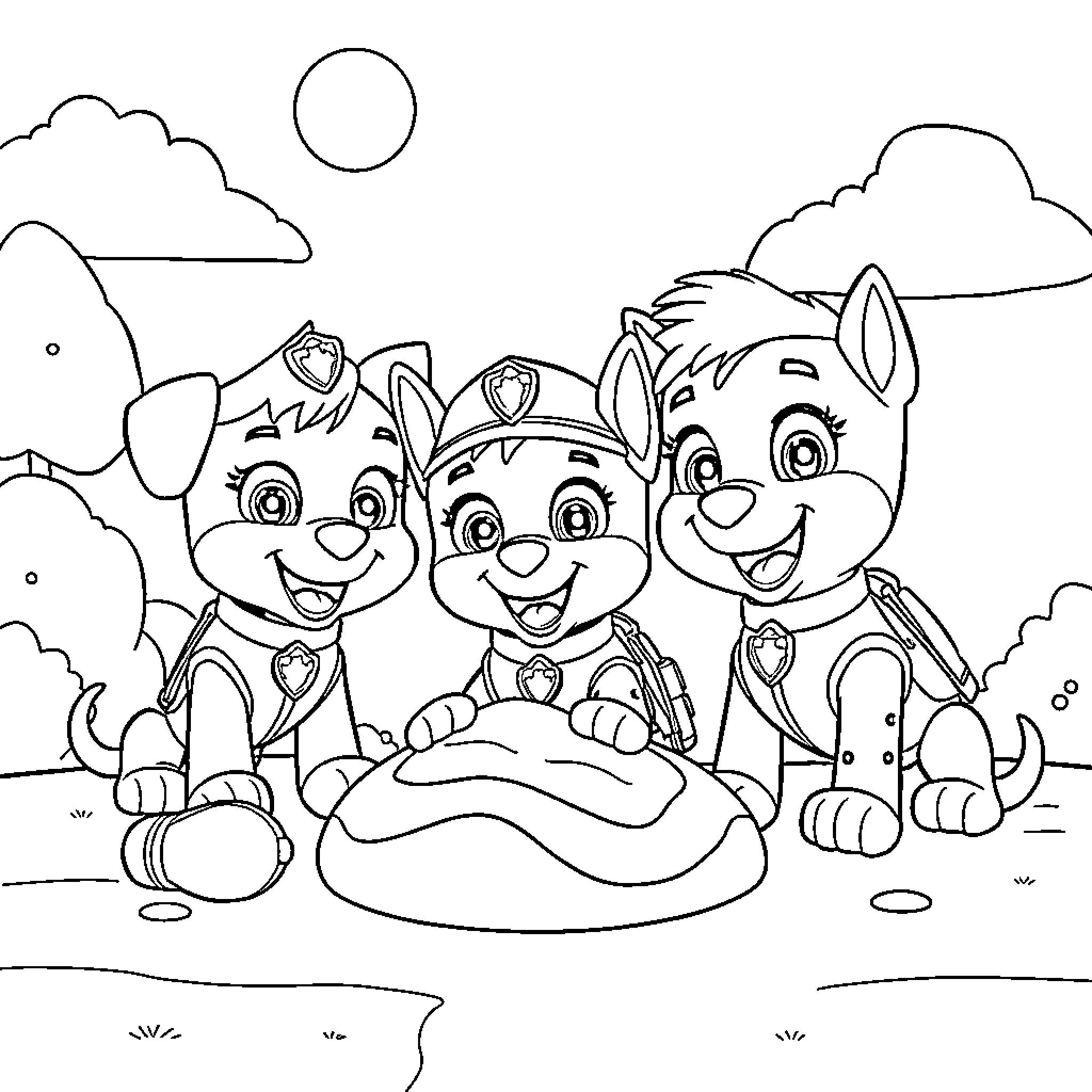 Paw Patrol Puppies Playing in the Park Coloring Page (free black-and-white line drawing printable PDF for all, from beginners to advanced learners, including children, teens, adults, and seniors)