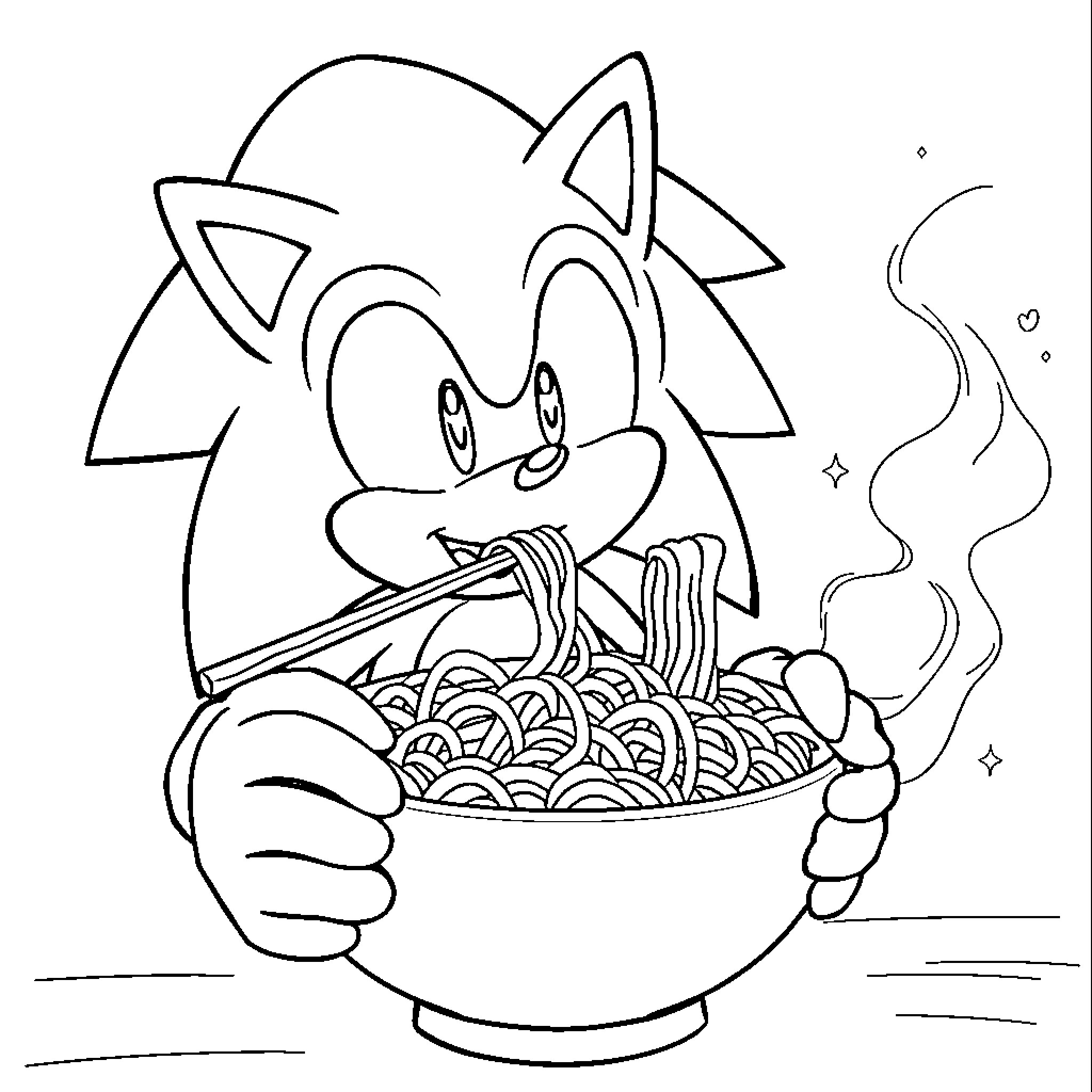 Sonic enjoying a hot bowl of noodles Coloring Page (free black-and-white line drawing printable PDF for all, from beginners to advanced learners, including children, teens, adults, and seniors)