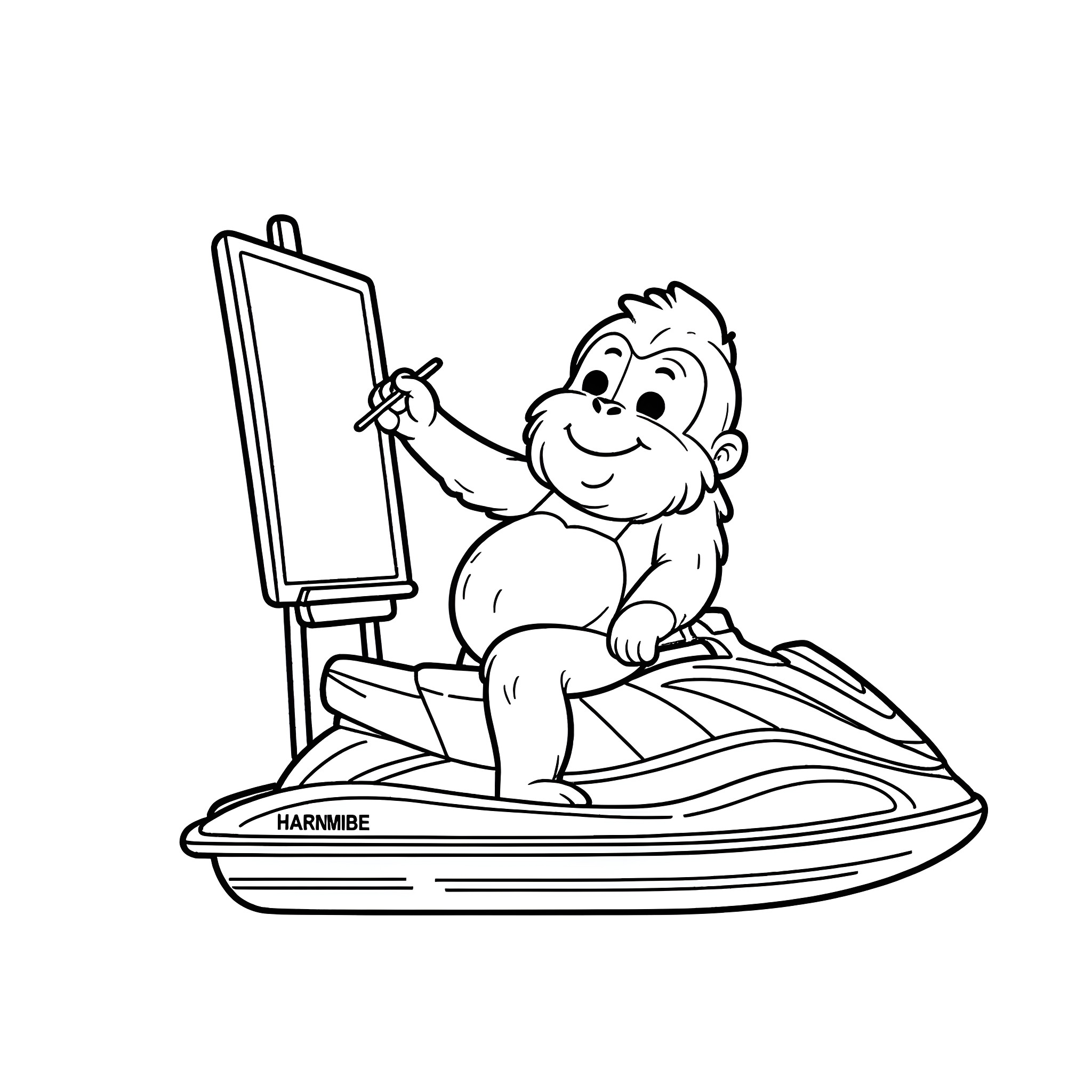 Harambe riding a jet ski and painting Coloring Page (free black-and-white line drawing printable PDF for all, from beginners to advanced learners, including children, teens, adults, and seniors)