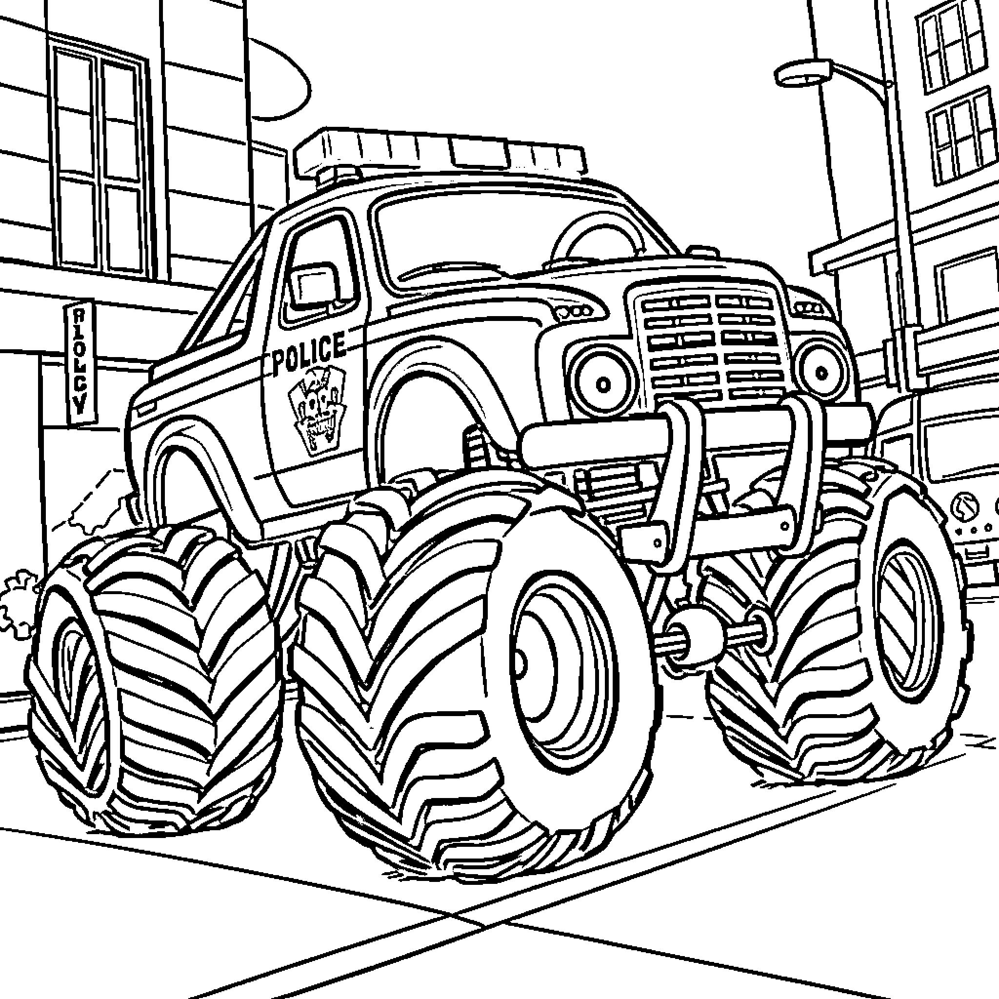 Police Car on Patrol in the City Coloring Page (free black-and-white line drawing printable PDF for all, from beginners to advanced learners, including children, teens, adults, and seniors)