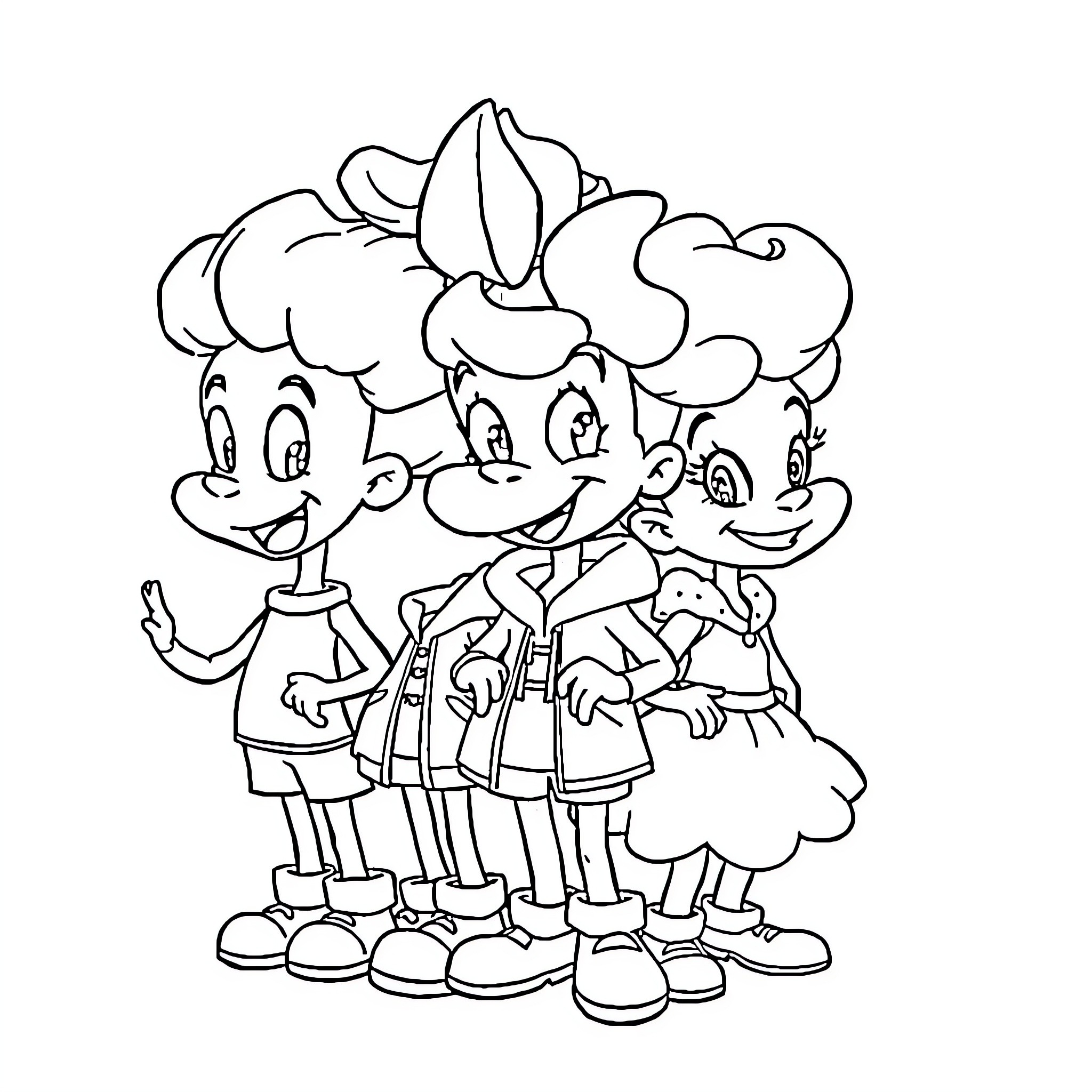 Character group photo of cheerful friends Coloring Page (free black-and-white line drawing printable PDF for all, from beginners to advanced learners, including children, teens, adults, and seniors)