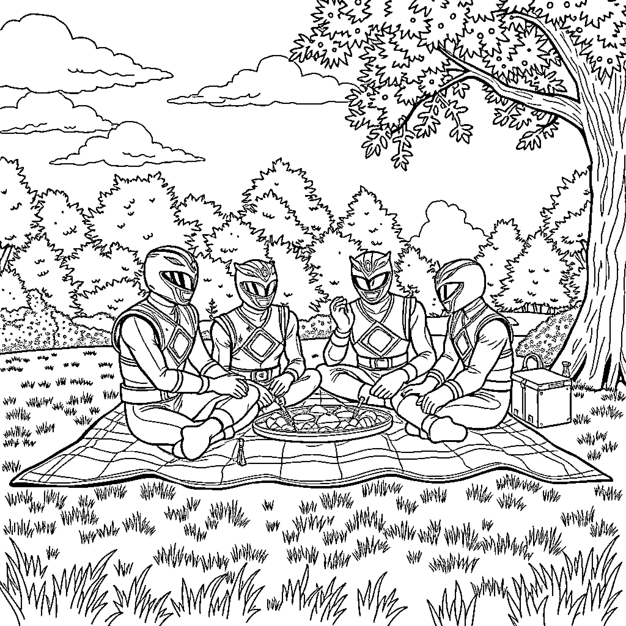 Power Rangers Enjoy Picnic in Nature Coloring Page (free black-and-white line drawing printable PDF for all, from beginners to advanced learners, including children, teens, adults, and seniors)