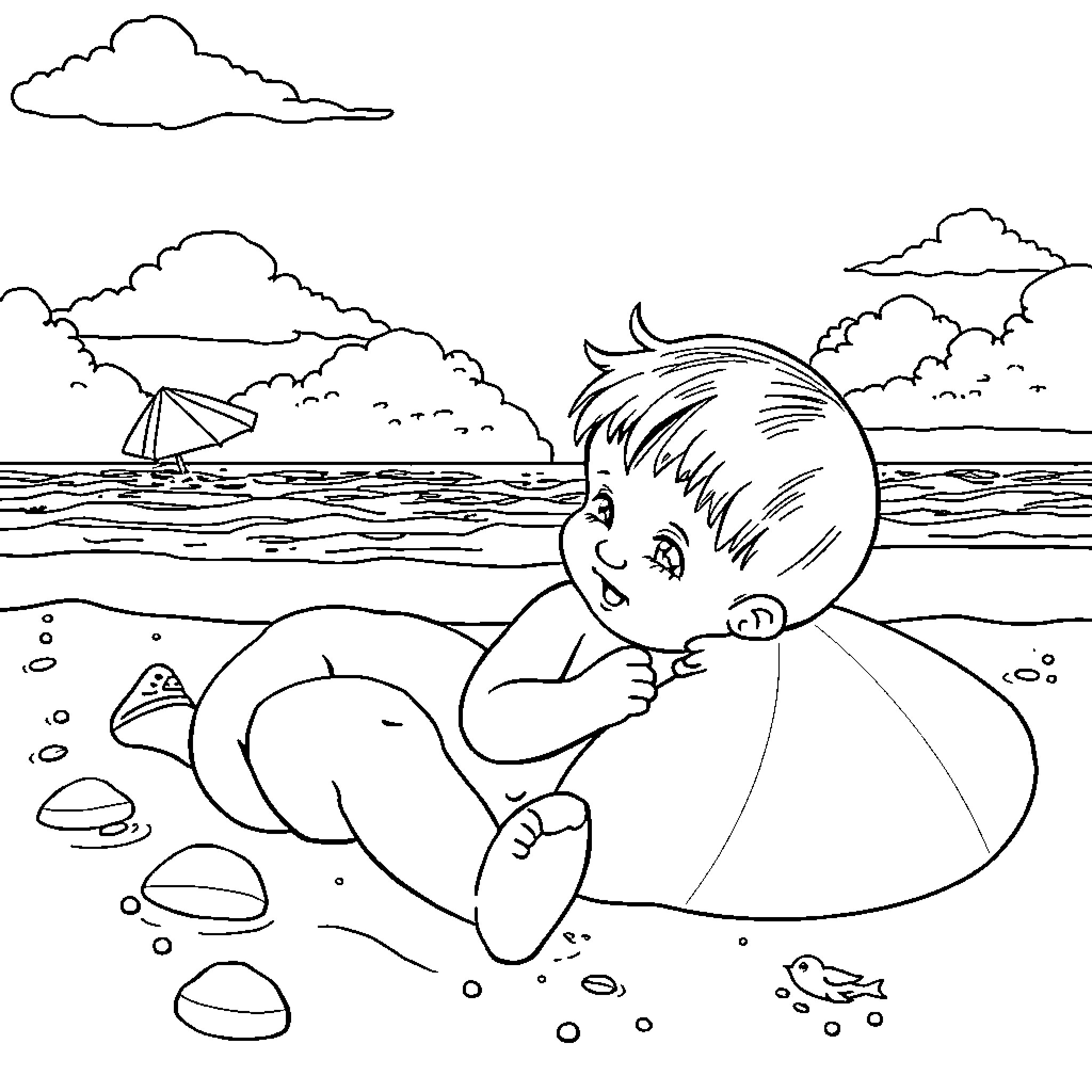 Bebe playing happily in the beach Coloring Page (free black-and-white line drawing printable PDF for all, from beginners to advanced learners, including children, teens, adults, and seniors)