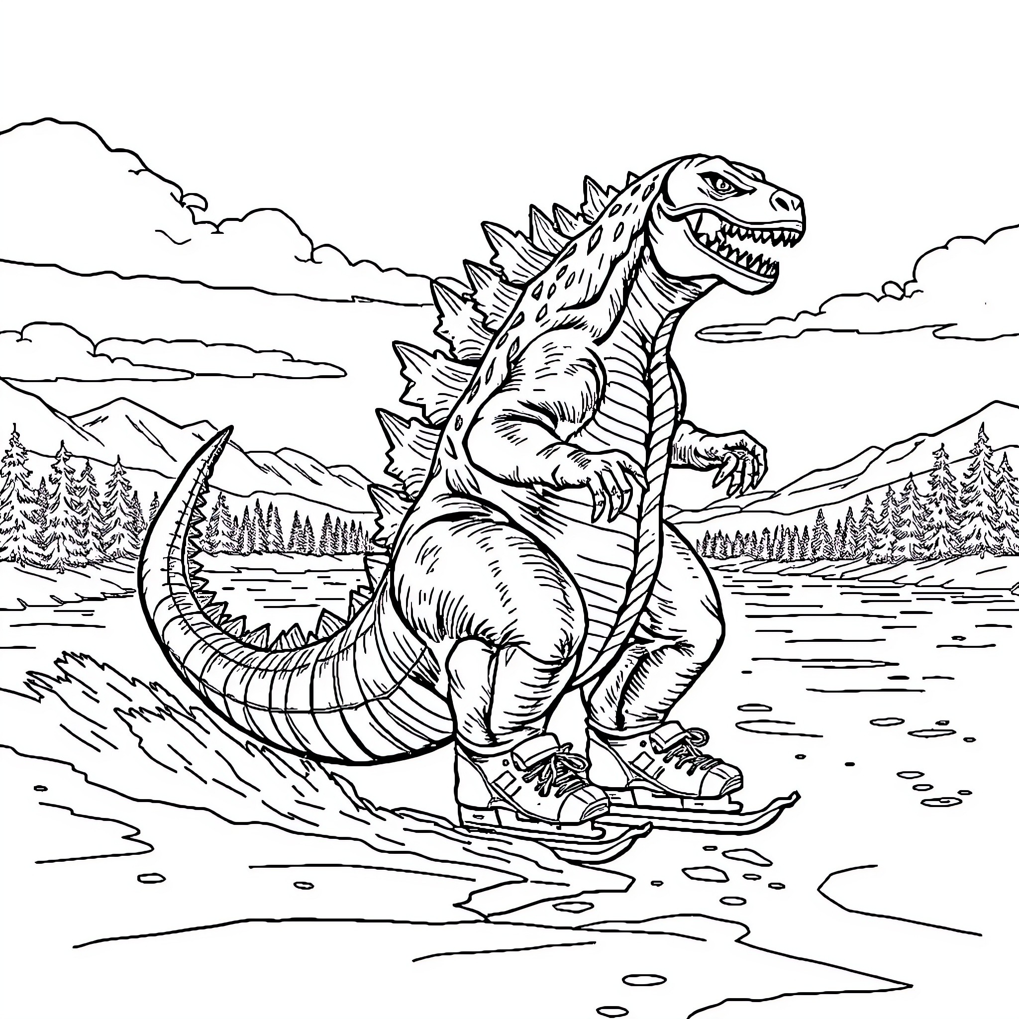 Godzilla Skiing Through Mountainous Landscape Coloring Page (free black-and-white line drawing printable PDF for all, from beginners to advanced learners, including children, teens, adults, and seniors)