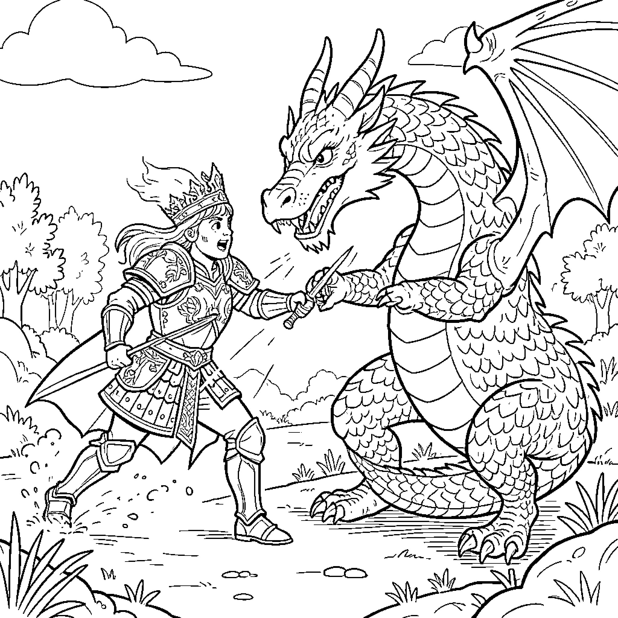 Saint George battling a fierce dragon in a fantasy landscape Coloring Page (free black-and-white line drawing printable PDF for all, from beginners to advanced learners, including children, teens, adults, and seniors)