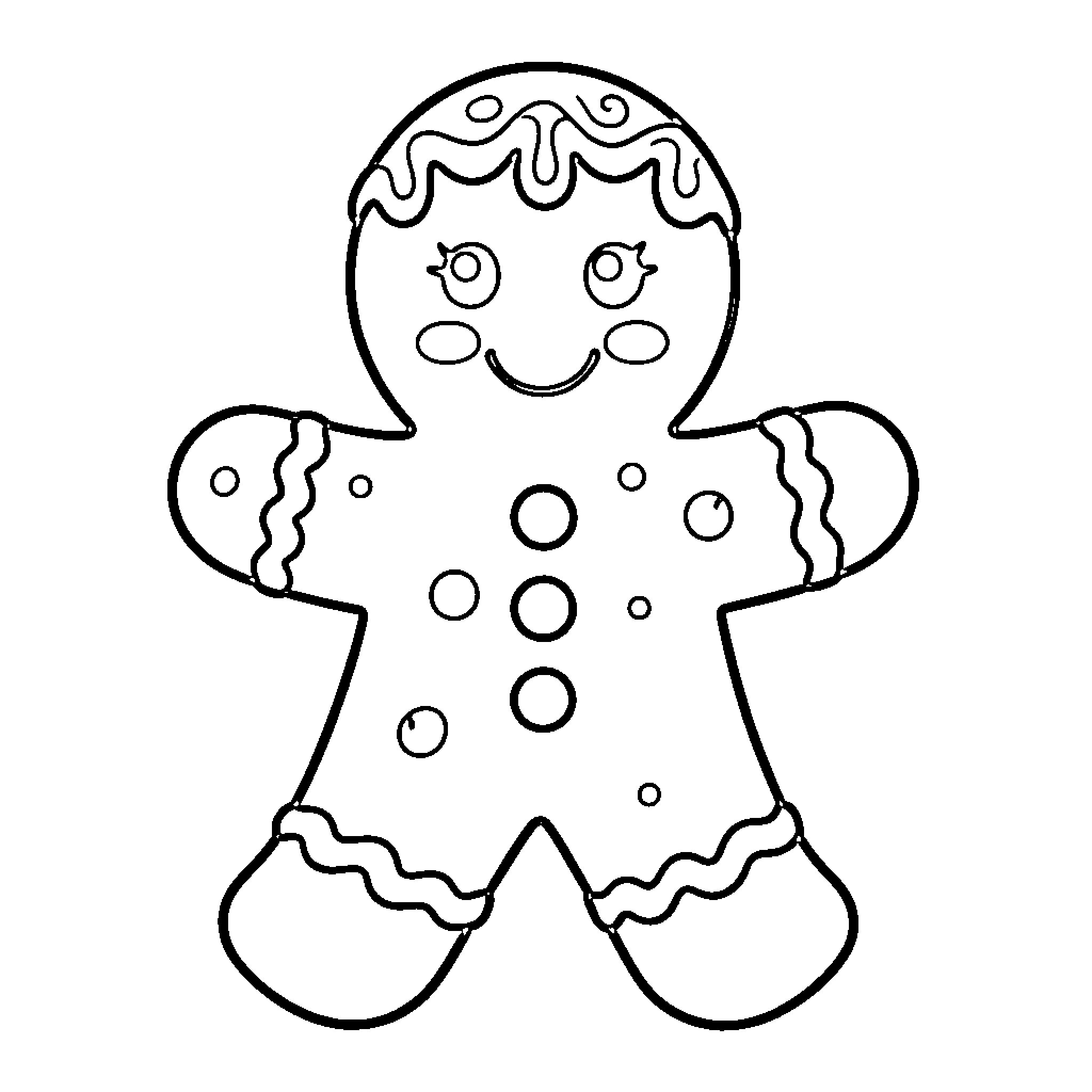 Gingerbread Man with Decorative Patterns Coloring Page (free black-and-white line drawing printable PDF for all, from beginners to advanced learners, including children, teens, adults, and seniors)