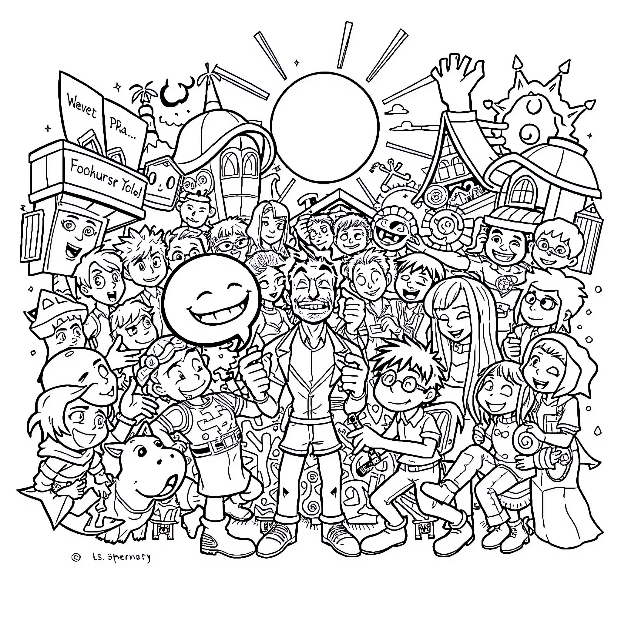 Pnl Crowd of Diverse Characters in Lively Scene Coloring Page (free black-and-white line drawing printable PDF for all, from beginners to advanced learners, including children, teens, adults, and seniors)