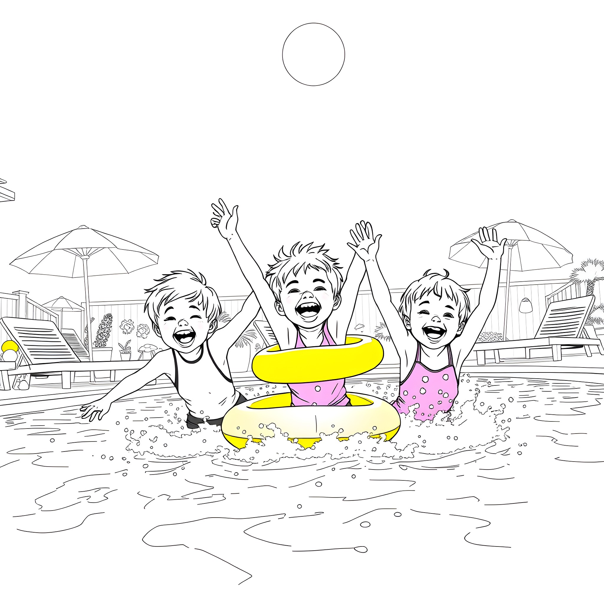 Kids having fun and playing in the pool Coloring Page (free black-and-white line drawing printable PDF for all, from beginners to advanced learners, including children, teens, adults, and seniors)
