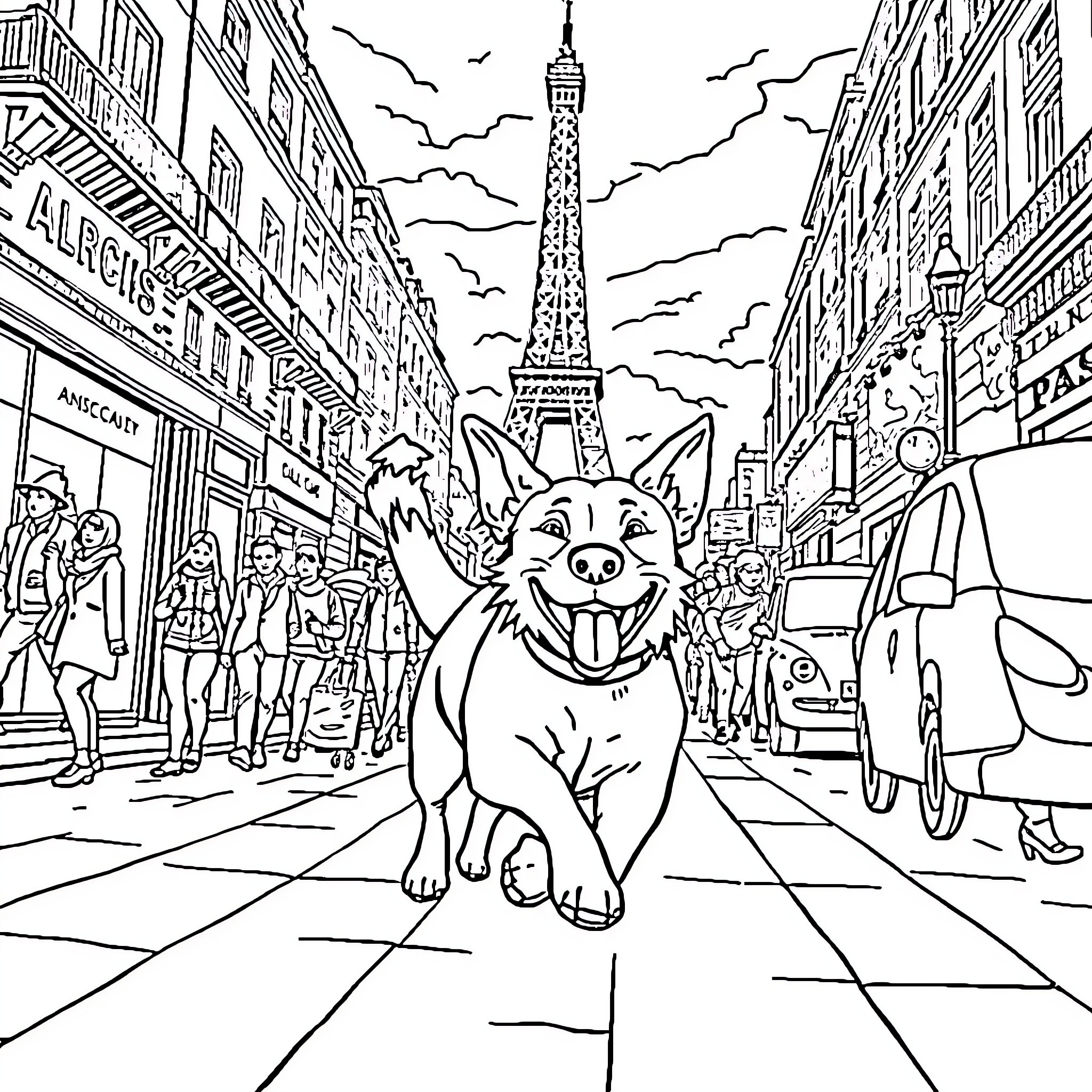 Dog Exploring the Vibrant Streets of Paris Coloring Page (free black-and-white line drawing printable PDF for all, from beginners to advanced learners, including children, teens, adults, and seniors)