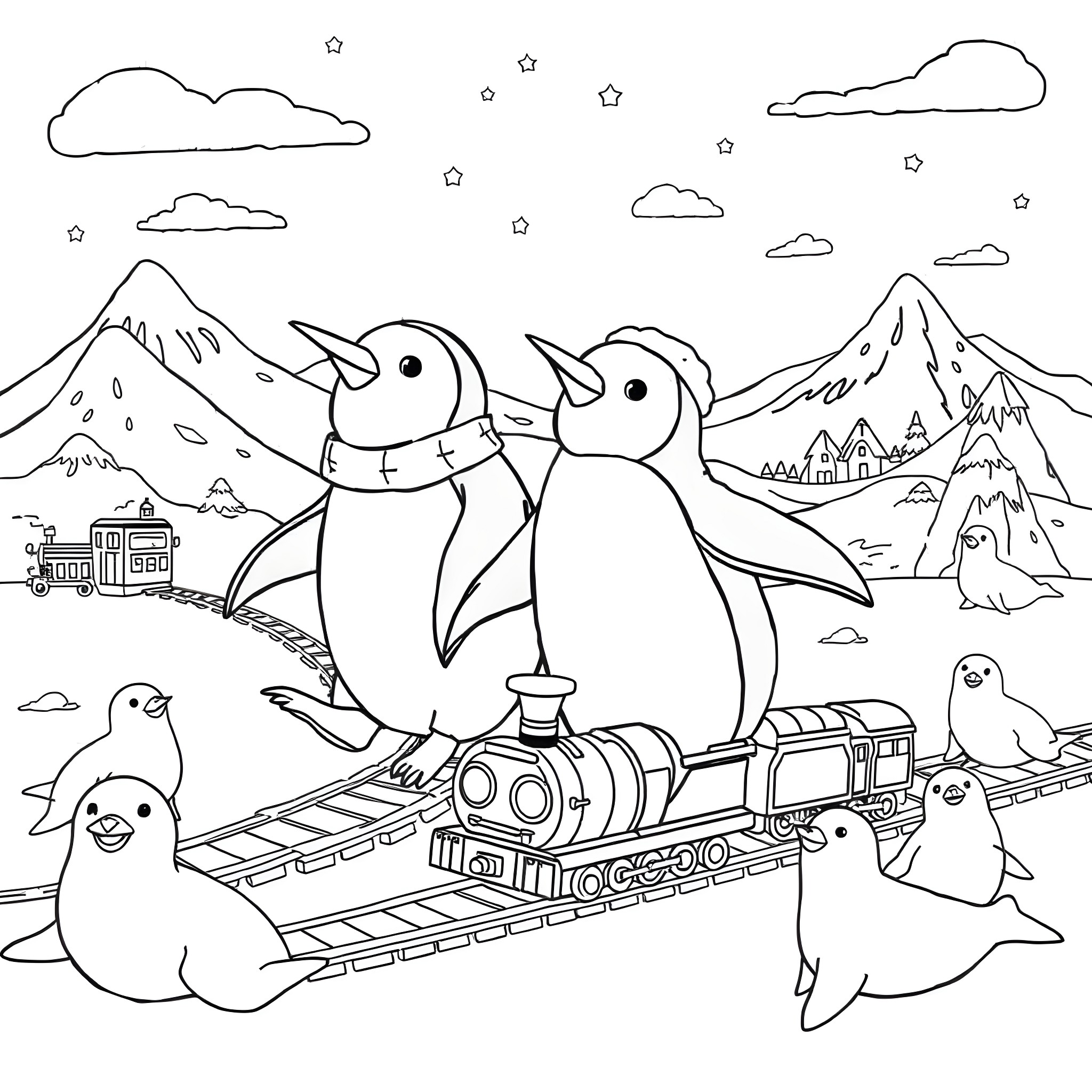 Penguins riding a train through a snowy landscape Coloring Page (free black-and-white line drawing printable PDF for all, from beginners to advanced learners, including children, teens, adults, and seniors)