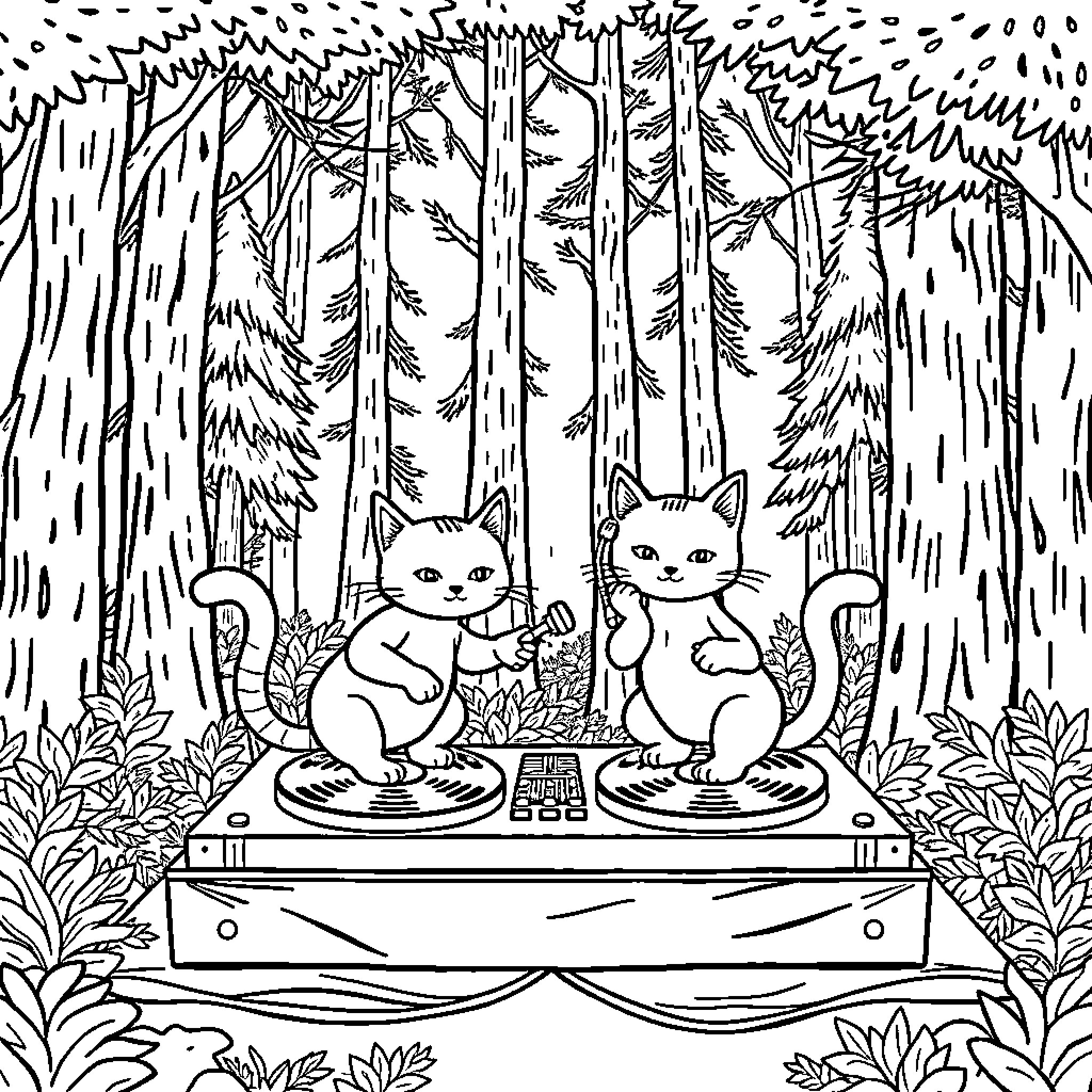 Cats relaxing in the forest Coloring Page (free black-and-white line drawing printable PDF for all, from beginners to advanced learners, including children, teens, adults, and seniors)
