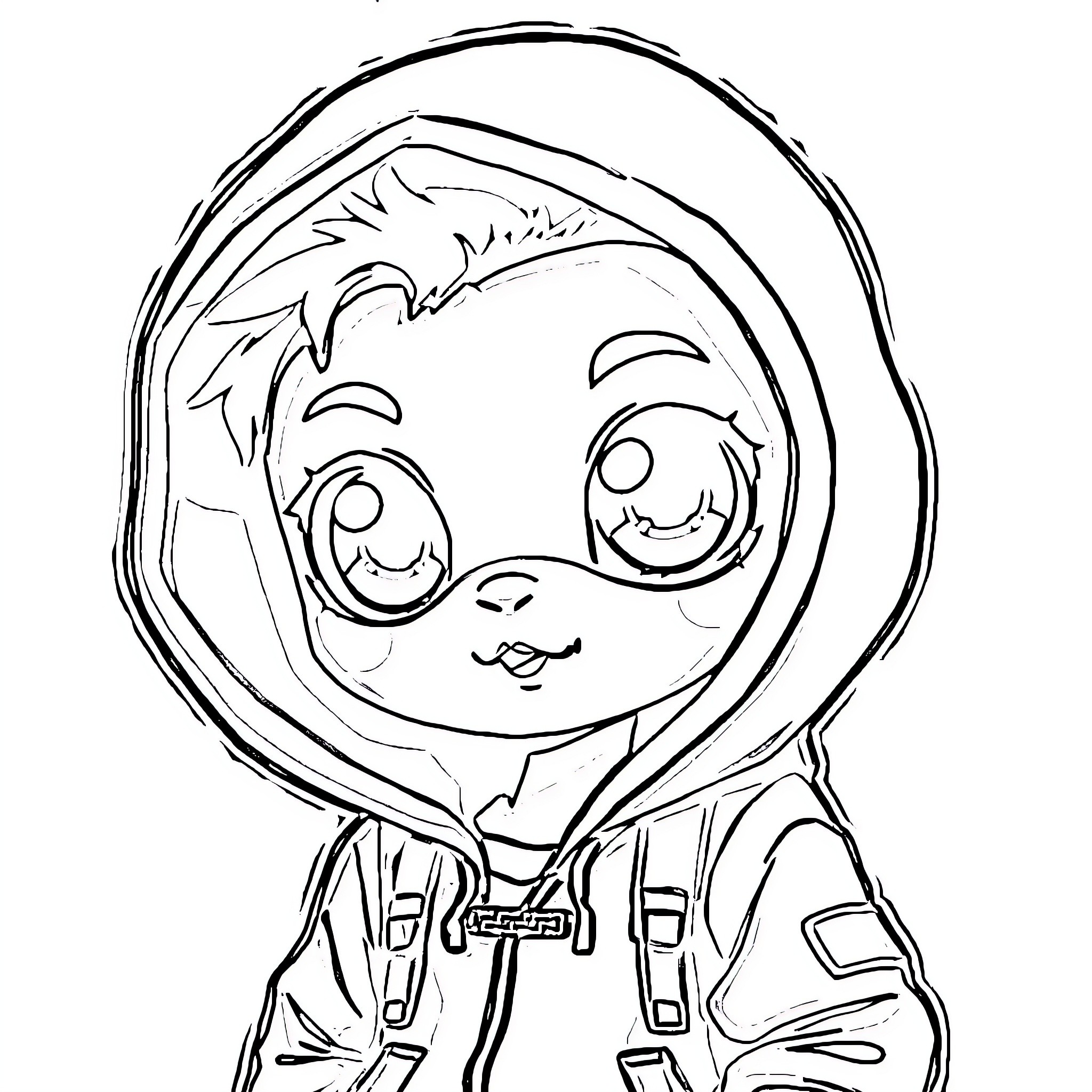 NFT Character in Hoodie and Overalls Coloring Page (free black-and-white line drawing printable PDF for all, from beginners to advanced learners, including children, teens, adults, and seniors)