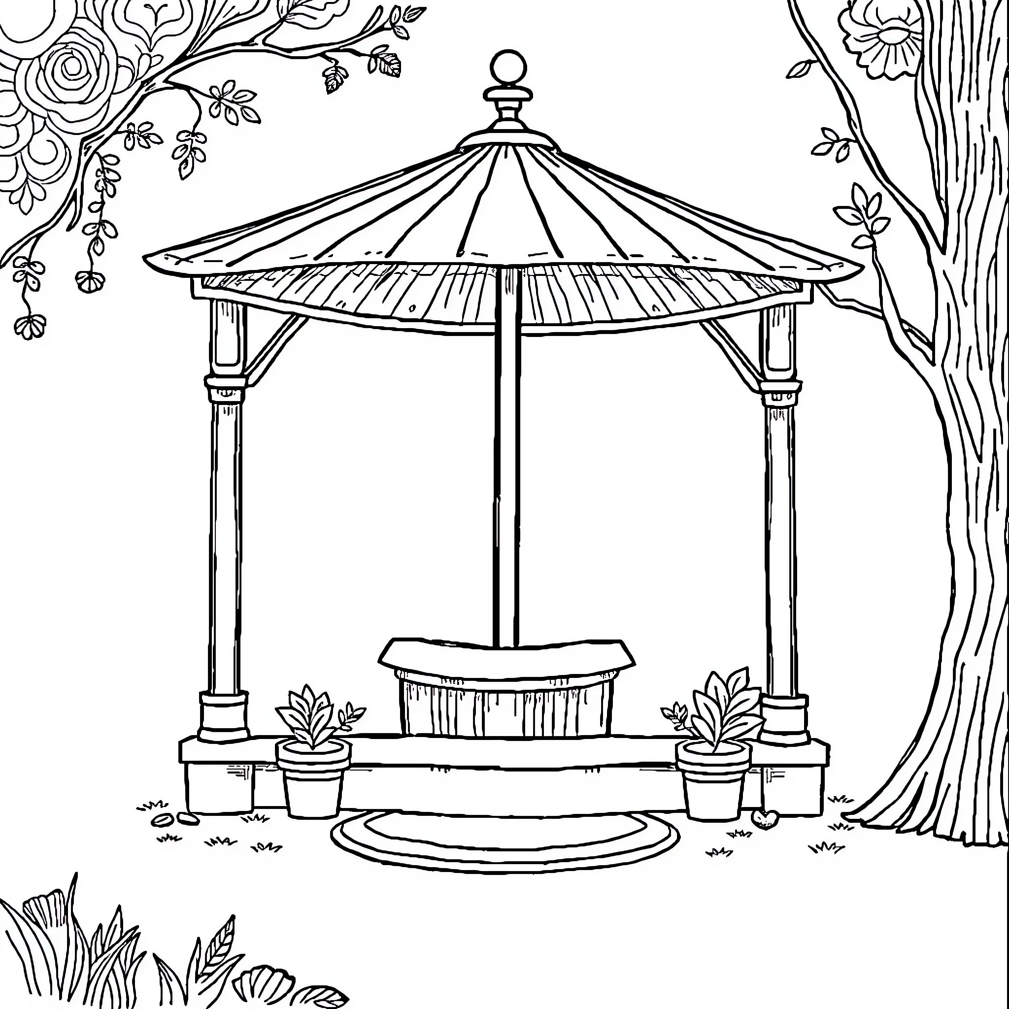 Horse-drawn carriage under the canopy in a garden Coloring Page (free black-and-white line drawing printable PDF for all, from beginners to advanced learners, including children, teens, adults, and seniors)