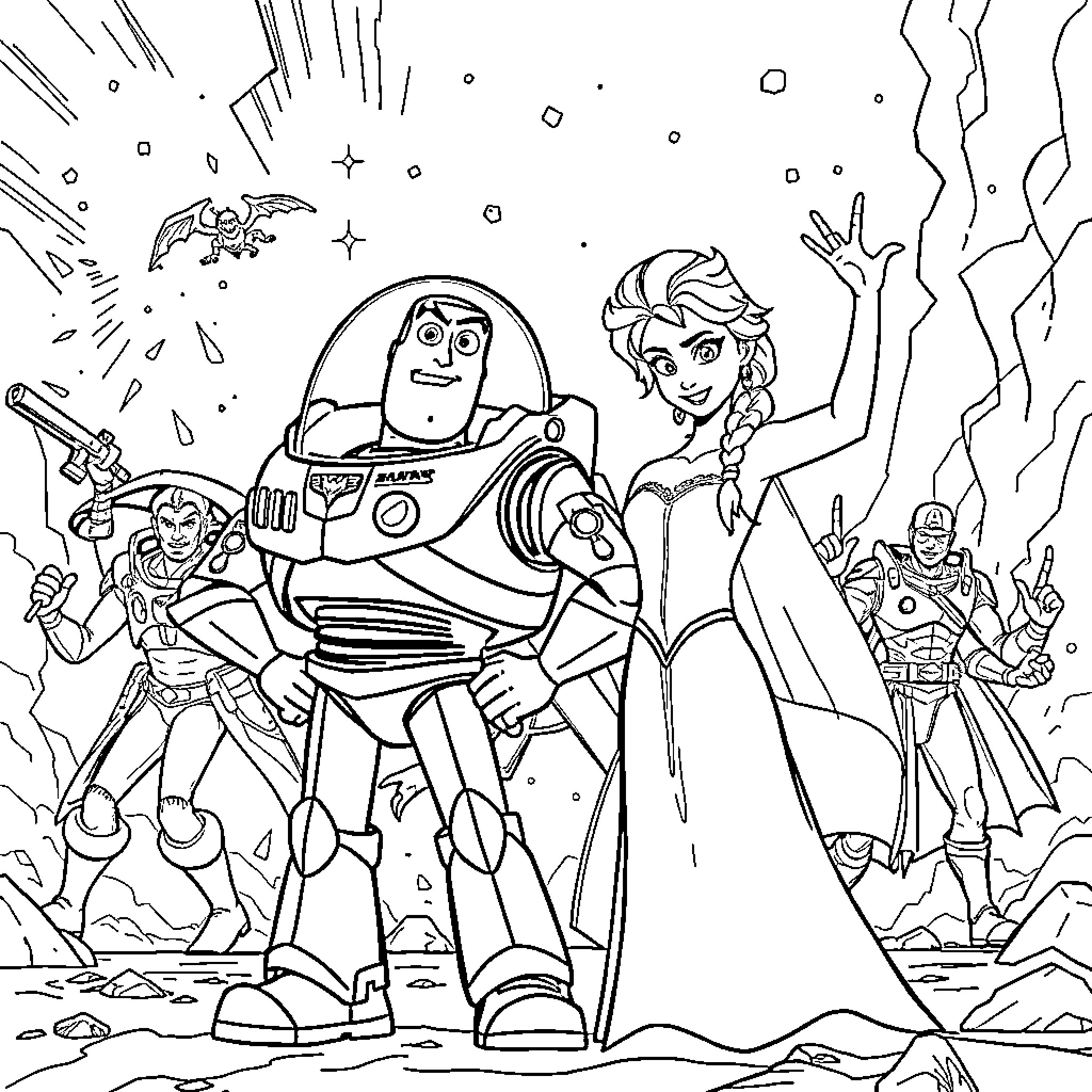 Buzz and Elsa's Intergalactic Adventure Coloring Page (free black-and-white line drawing printable PDF for all, from beginners to advanced learners, including children, teens, adults, and seniors)