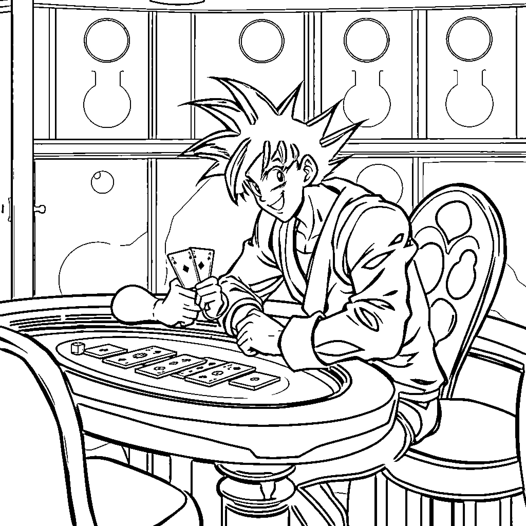 Yugi Muto Playing Cards at the Casino Coloring Page (free black-and-white line drawing printable PDF for all, from beginners to advanced learners, including children, teens, adults, and seniors)