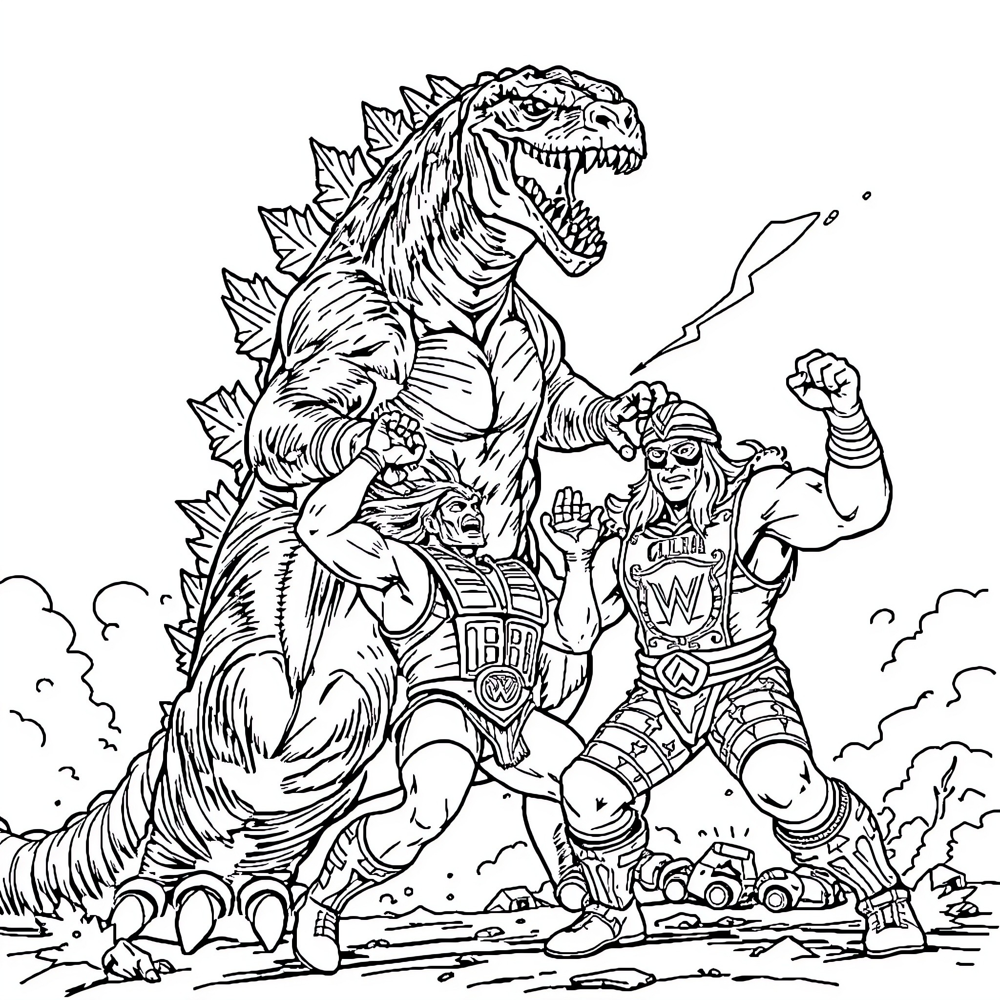 Godzilla confronting a heroic warrior in battle Coloring Page (free black-and-white line drawing printable PDF for all, from beginners to advanced learners, including children, teens, adults, and seniors)