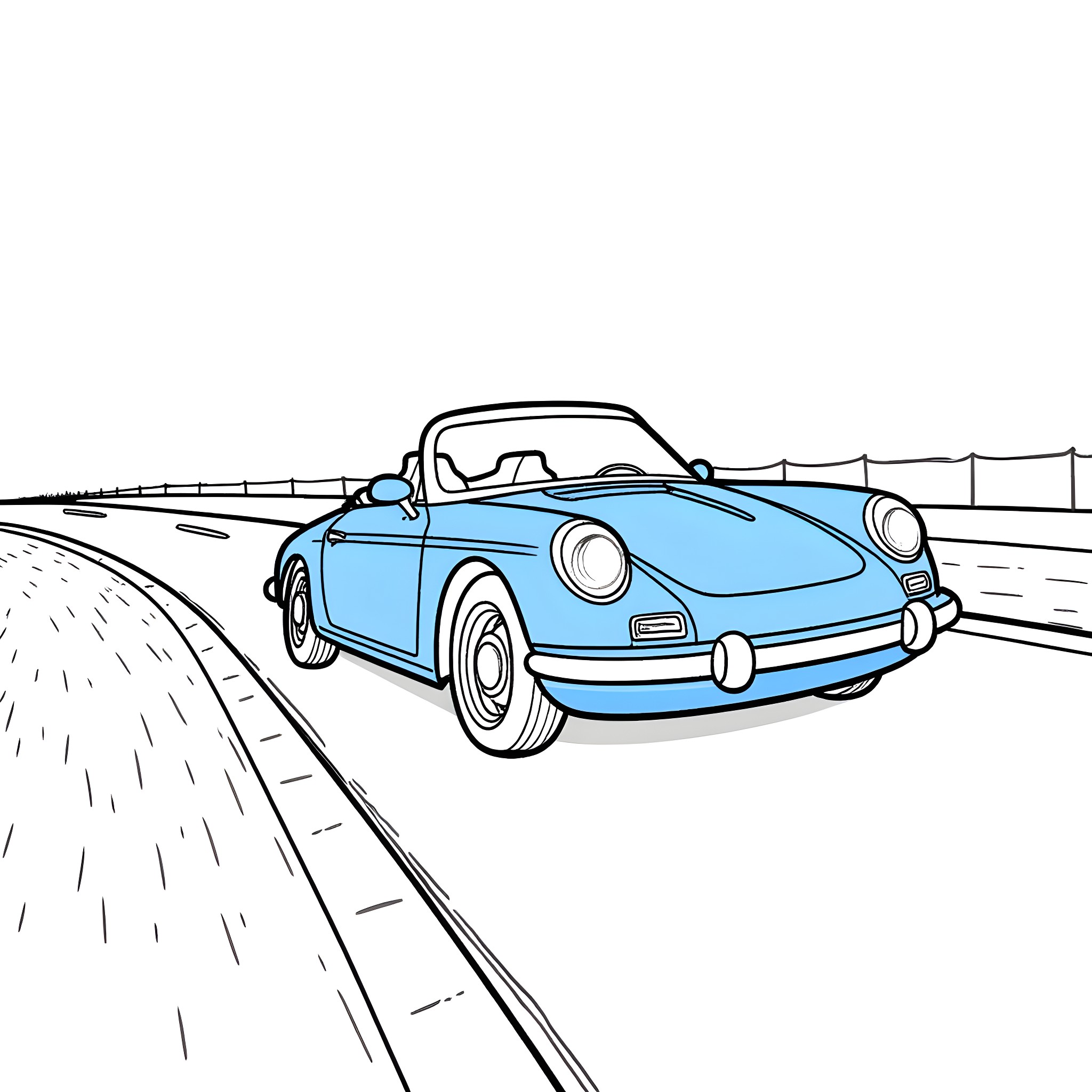 Kabriolet driving down the road Coloring Page (free black-and-white line drawing printable PDF for all, from beginners to advanced learners, including children, teens, adults, and seniors)