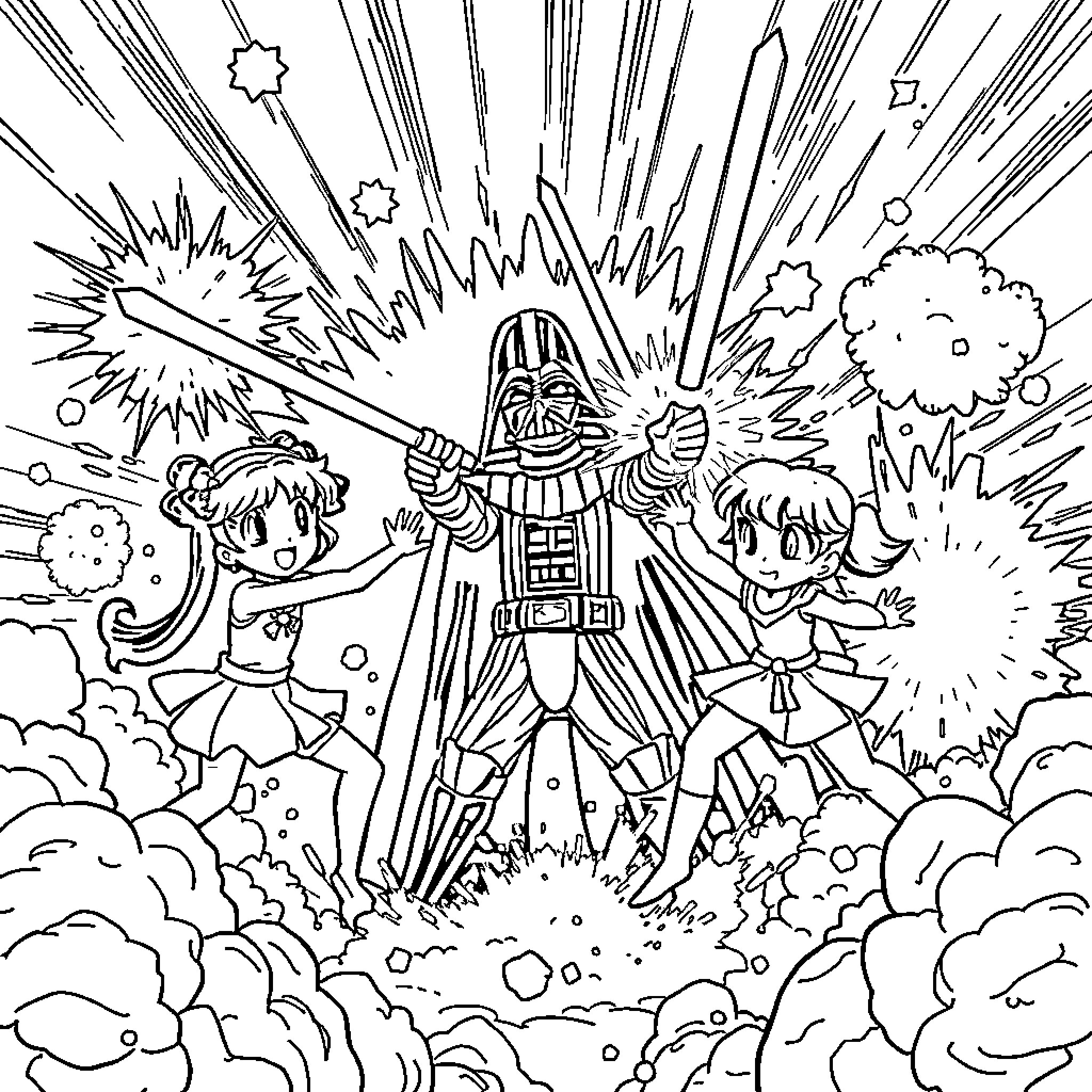 Powerpuff Girls battle Darth Vader in epic showdown Coloring Page (free black-and-white line drawing printable PDF for all, from beginners to advanced learners, including children, teens, adults, and seniors)