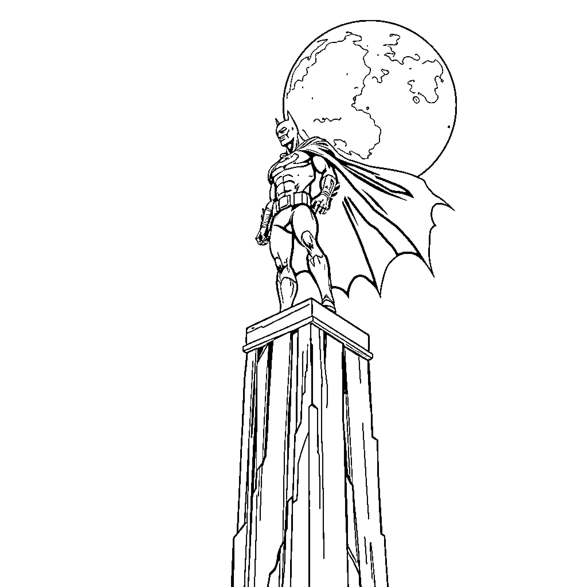 Batman overlooking the city at night Coloring Page (free black-and-white line drawing printable PDF for all, from beginners to advanced learners, including children, teens, adults, and seniors)