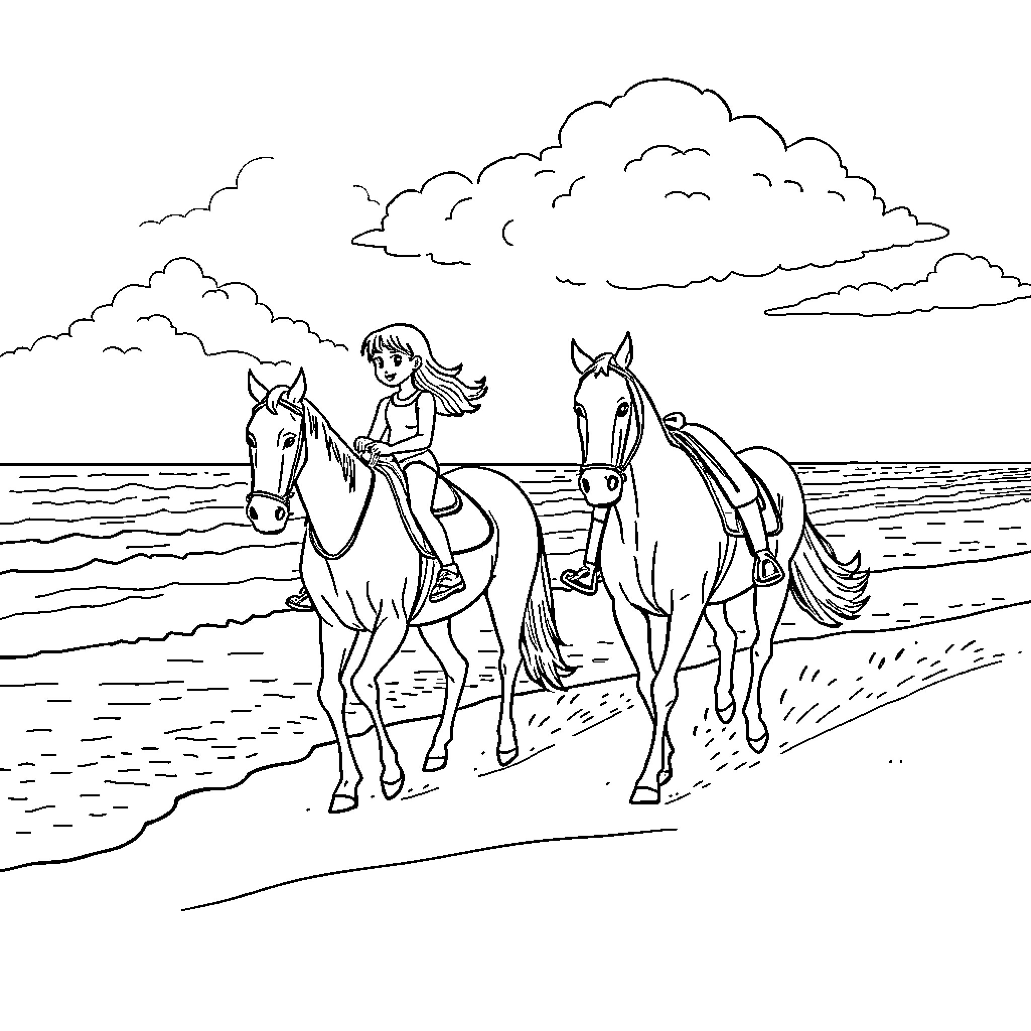 Horse Riders Enjoying Scenic Beach View Coloring Page (free black-and-white line drawing printable PDF for all, from beginners to advanced learners, including children, teens, adults, and seniors)