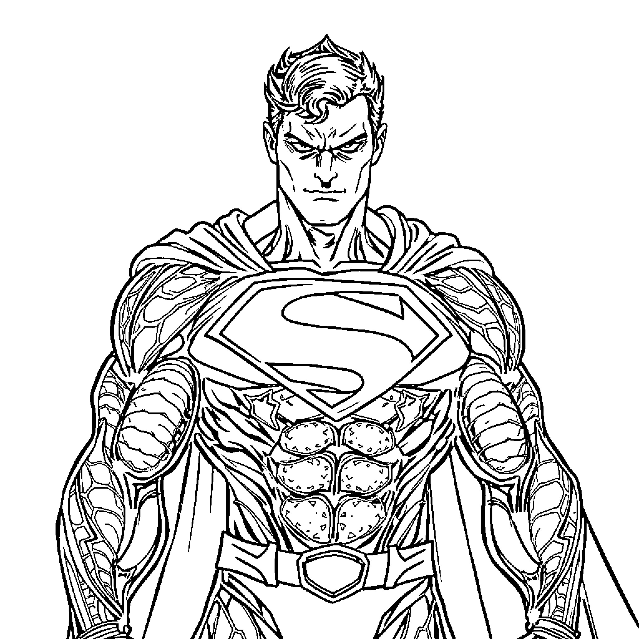 Superman displaying his powerful heroic stance Coloring Page (free black-and-white line drawing printable PDF for all, from beginners to advanced learners, including children, teens, adults, and seniors)