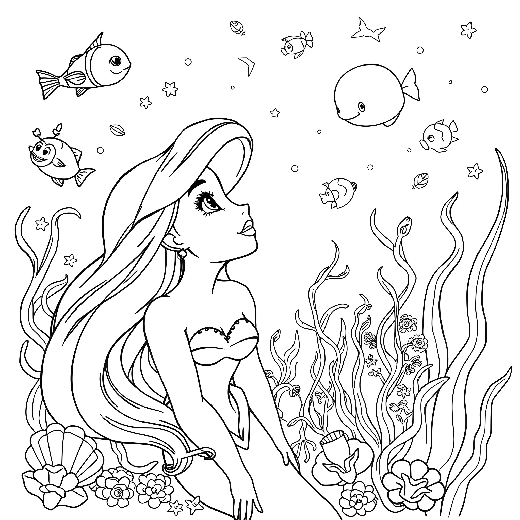 Ariel explores the wondrous underwater world Coloring Page (free black-and-white line drawing printable PDF for all, from beginners to advanced learners, including children, teens, adults, and seniors)