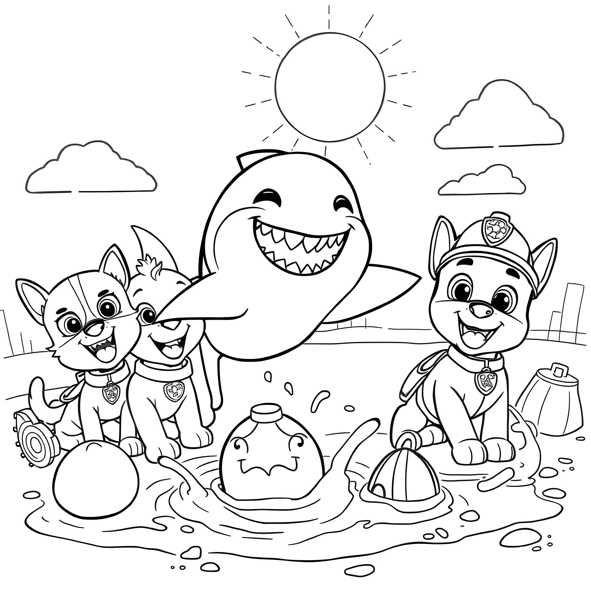 Baby Shark playing happily with puppy pals in the park Coloring Page (free black-and-white line drawing printable PDF for all, from beginners to advanced learners, including children, teens, adults, and seniors)