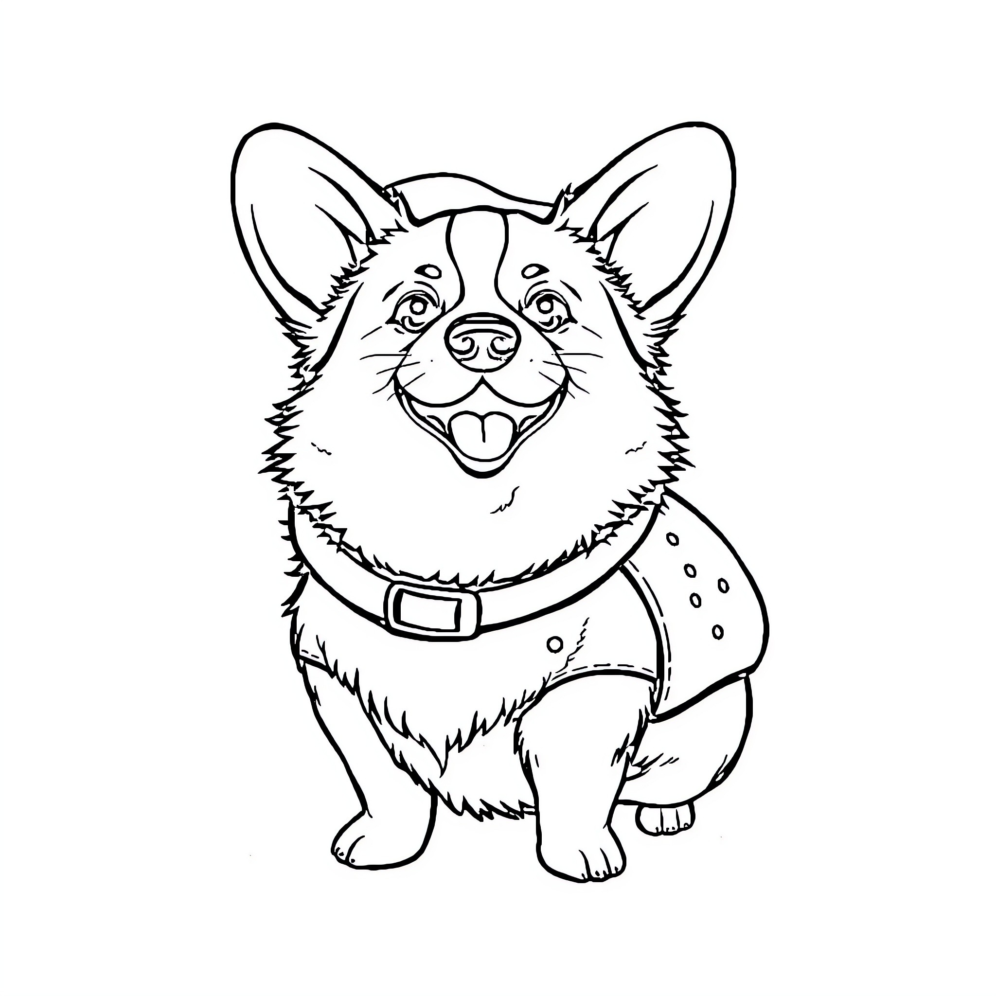 Corgi striking a happy pose in a harness Coloring Page (free black-and-white line drawing printable PDF for all, from beginners to advanced learners, including children, teens, adults, and seniors)