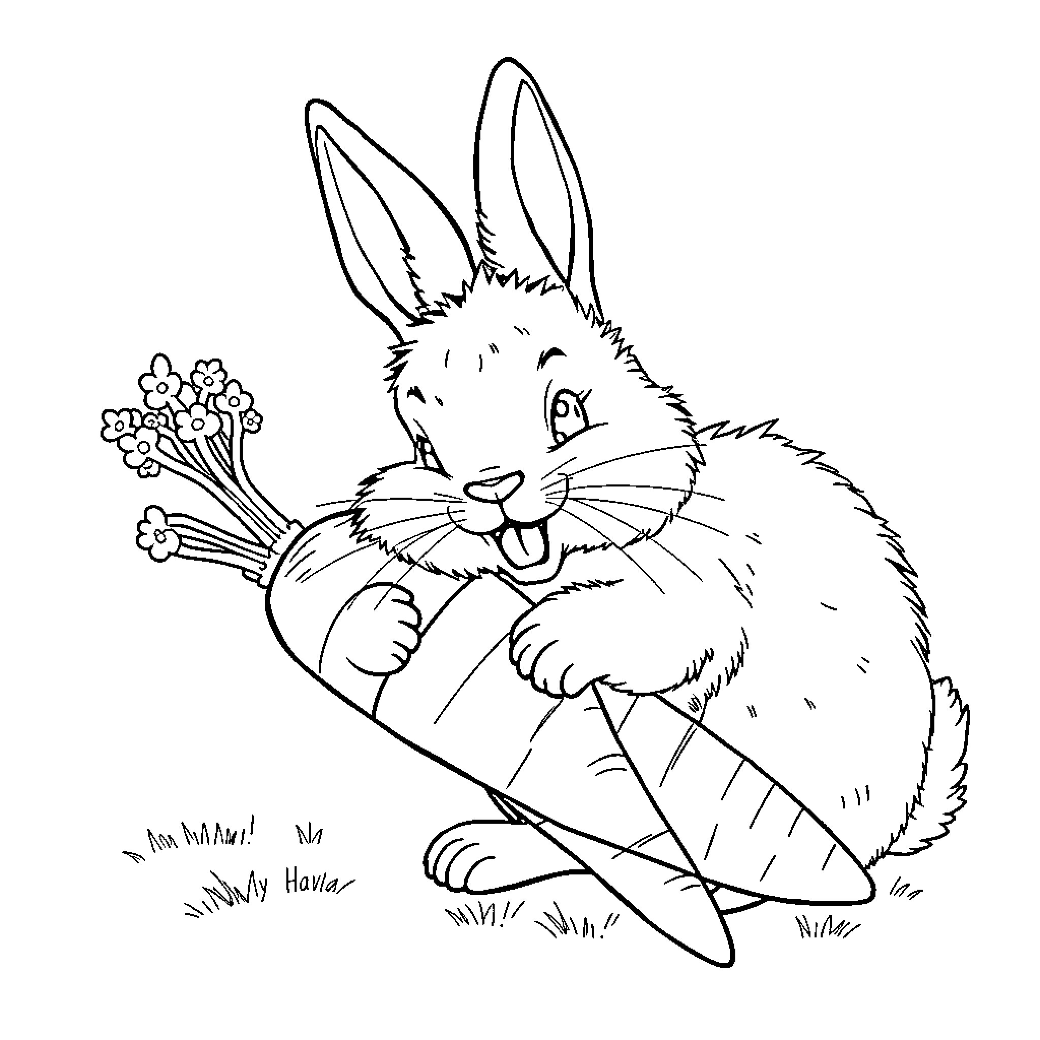 Bunny holding a bunch of flowers Coloring Page (free black-and-white line drawing printable PDF for all, from beginners to advanced learners, including children, teens, adults, and seniors)