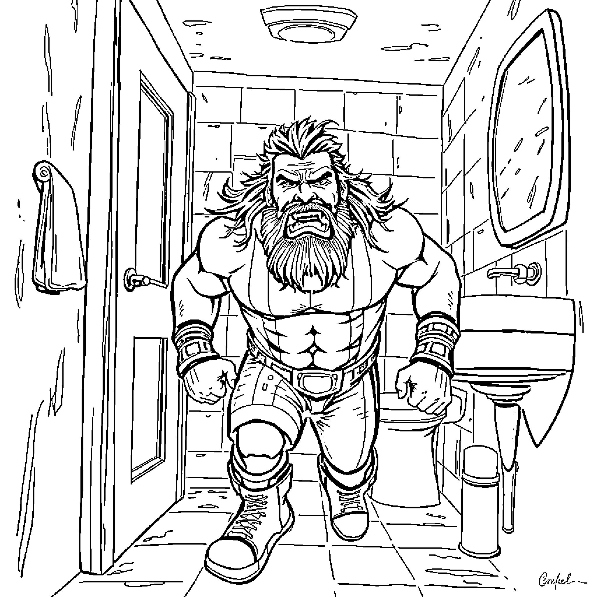 Randy Savage Angry and Muscular in Bathroom Coloring Page (free black-and-white line drawing printable PDF for all, from beginners to advanced learners, including children, teens, adults, and seniors)
