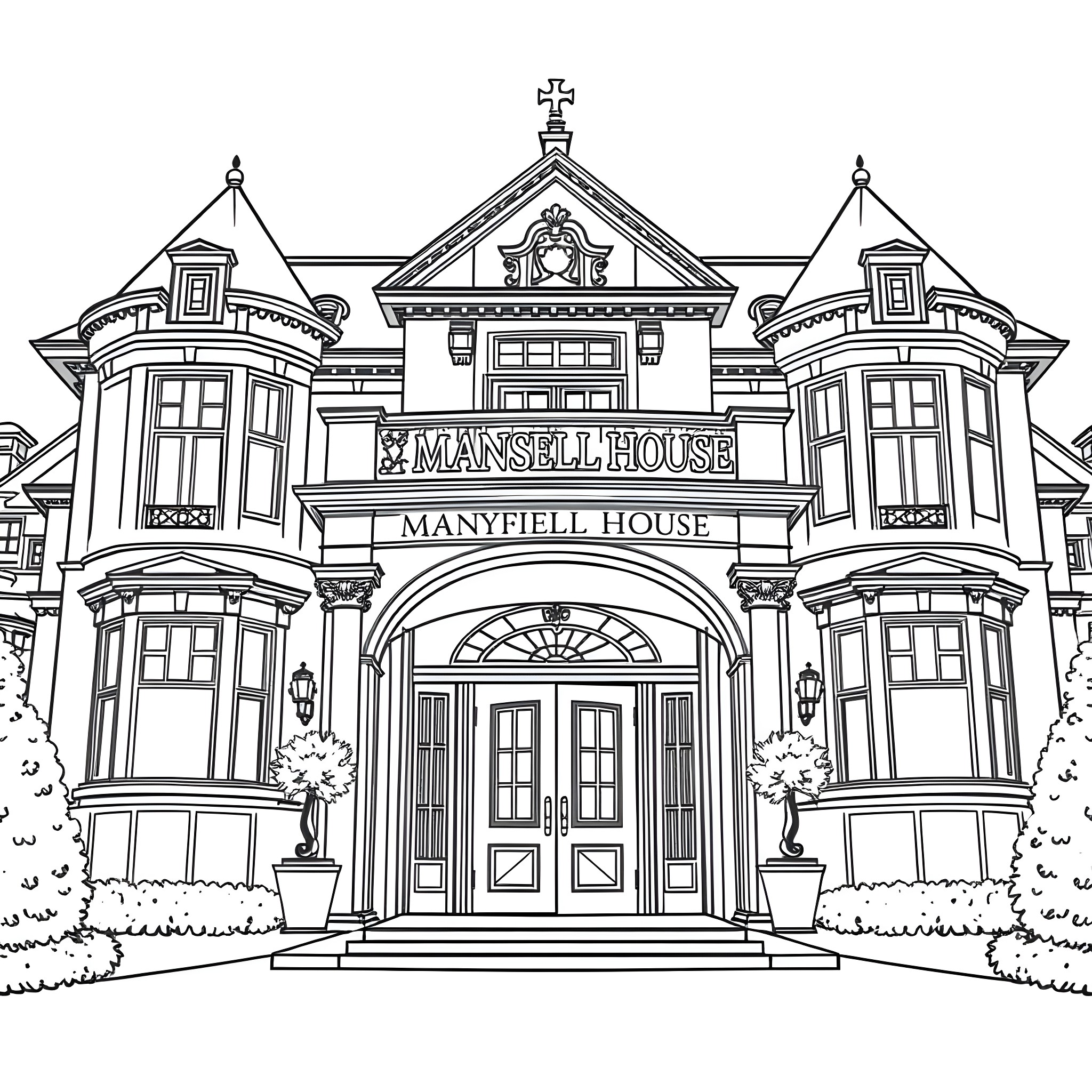 House with decorative architectural features and signage Coloring Page (free black-and-white line drawing printable PDF for all, from beginners to advanced learners, including children, teens, adults, and seniors)