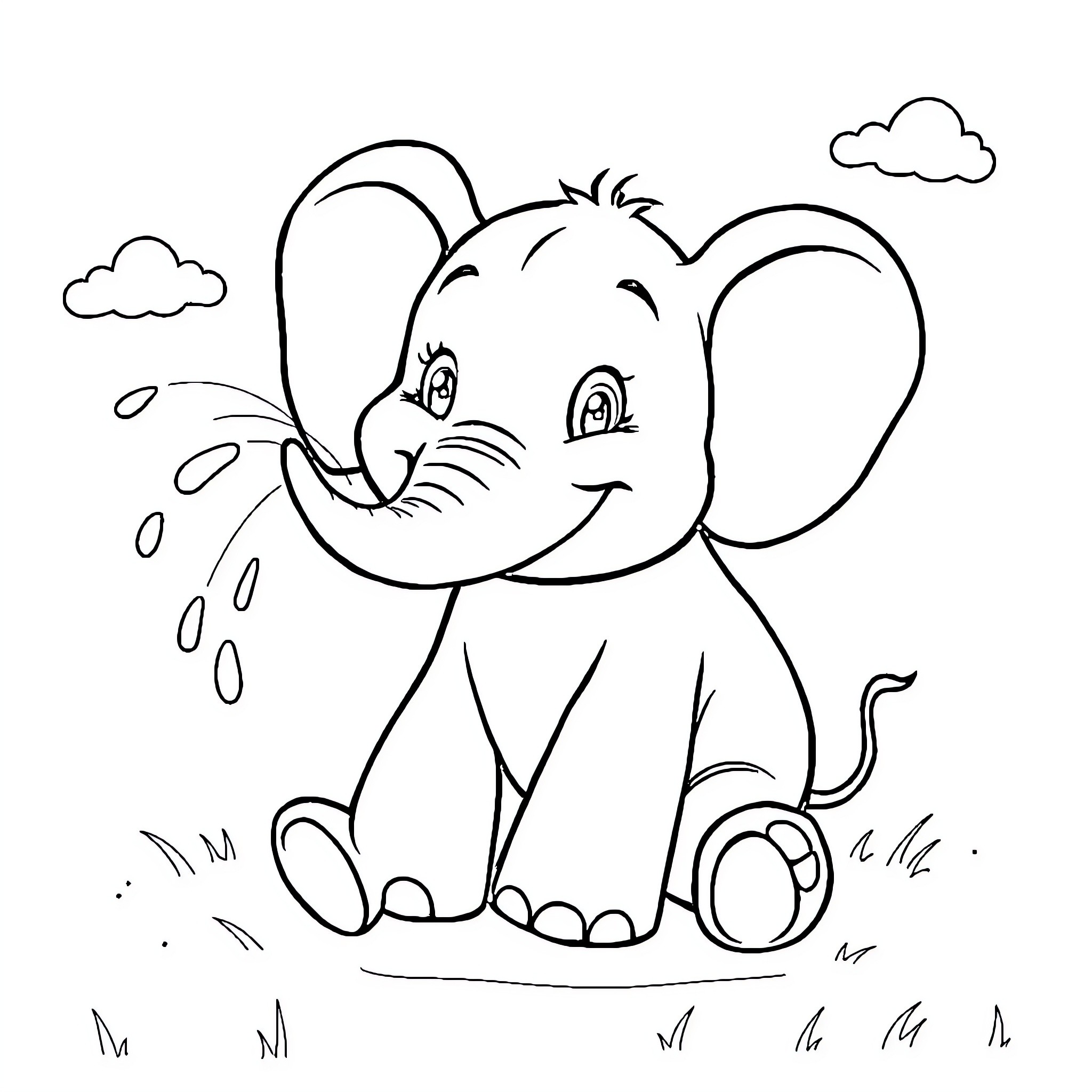 Elephant playing happily in the park Coloring Page (free black-and-white line drawing printable PDF for all, from beginners to advanced learners, including children, teens, adults, and seniors)