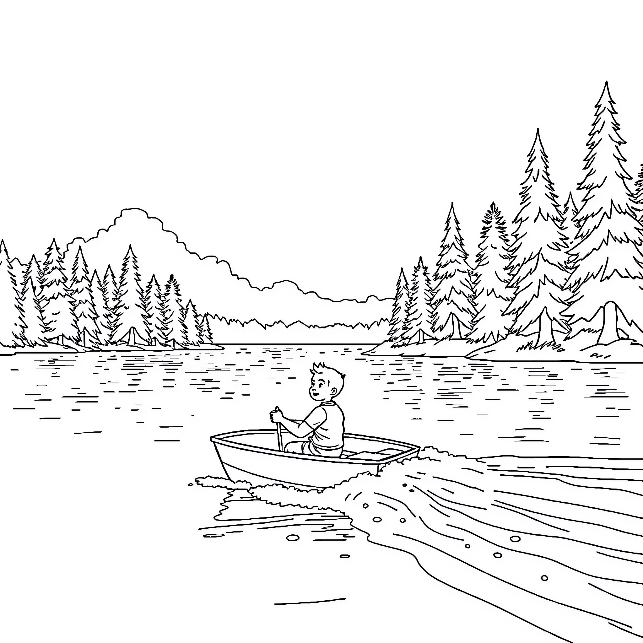 Boy boating on a peaceful lake in the wilderness Coloring Page (free black-and-white line drawing printable PDF for all, from beginners to advanced learners, including children, teens, adults, and seniors)