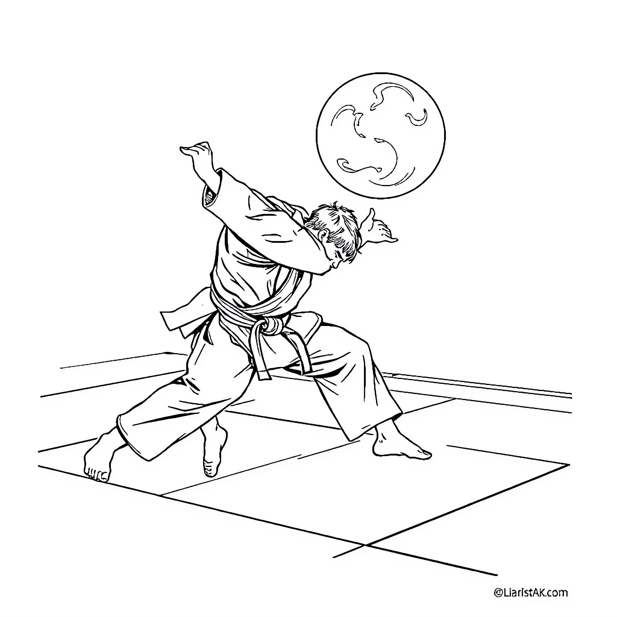 Sloth practicing martial arts under the moon Coloring Page (free black-and-white line drawing printable PDF for all, from beginners to advanced learners, including children, teens, adults, and seniors)