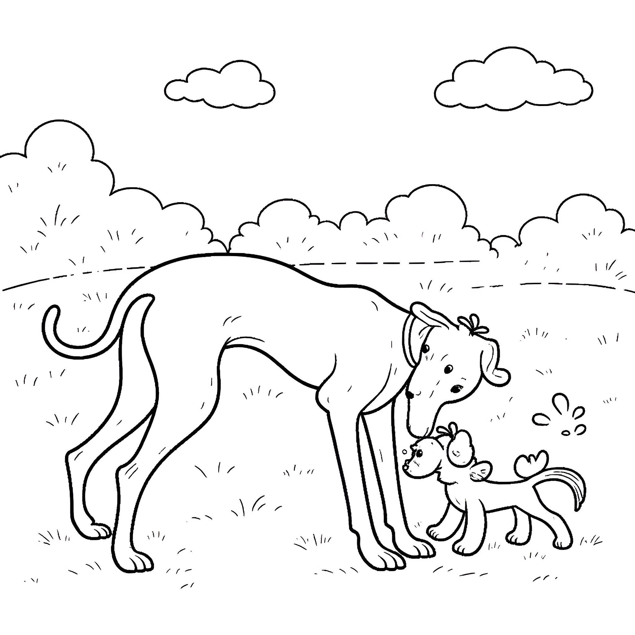 Greyhound mother and pup in grassy field Coloring Page (free black-and-white line drawing printable PDF for all, from beginners to advanced learners, including children, teens, adults, and seniors)