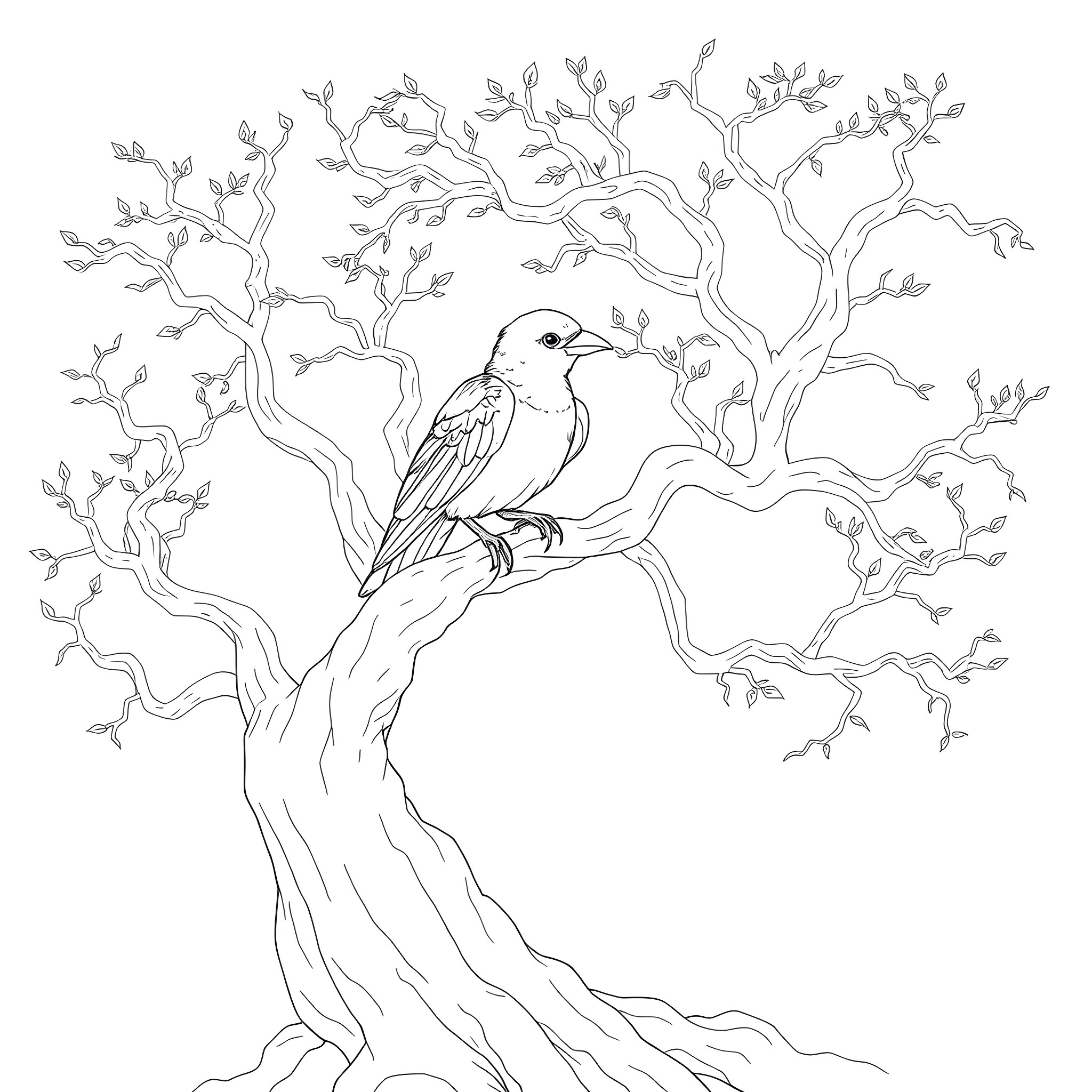 Passerina bird perched on a twisted tree branch Coloring Page (free black-and-white line drawing printable PDF for all, from beginners to advanced learners, including children, teens, adults, and seniors)