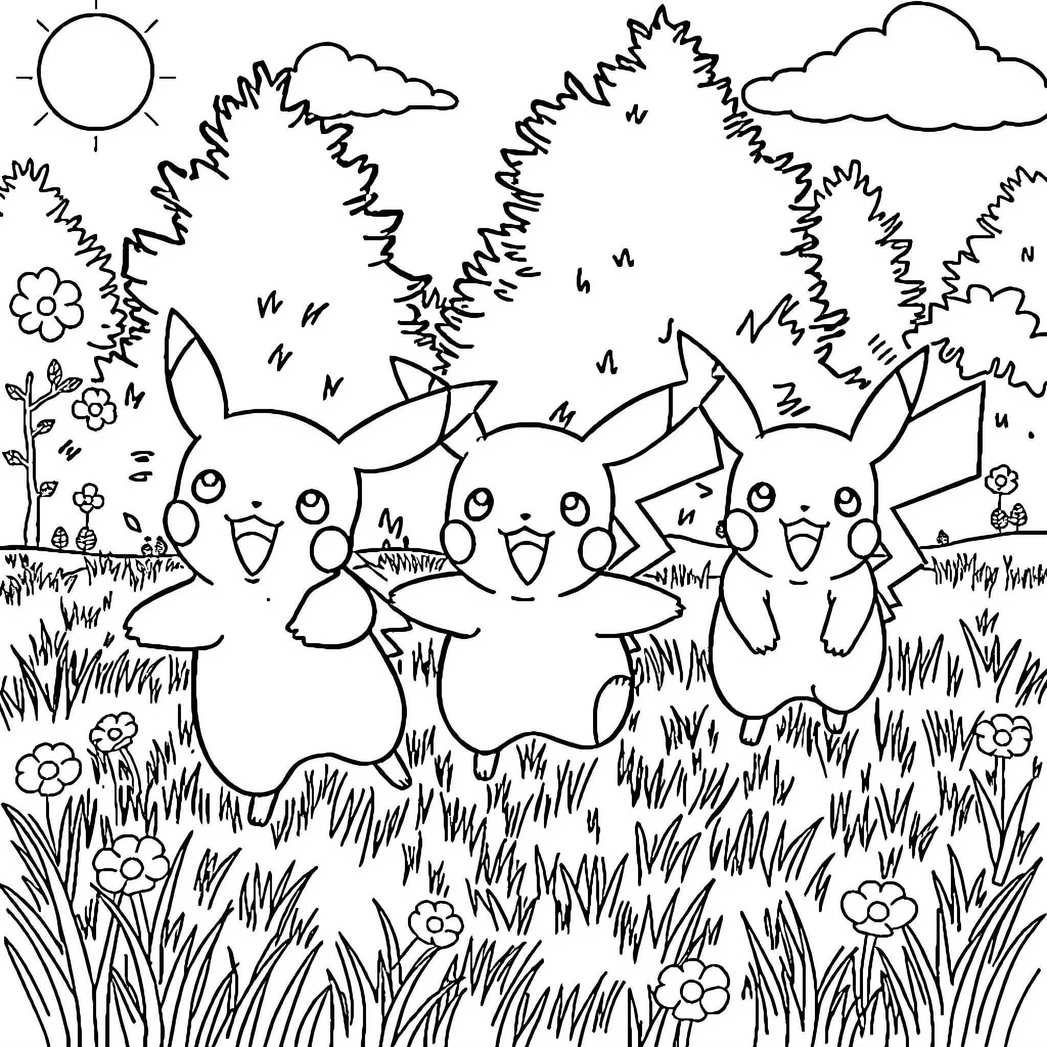 Pikachu playing in the meadow with friends Coloring Page (free black-and-white line drawing printable PDF for all, from beginners to advanced learners, including children, teens, adults, and seniors)