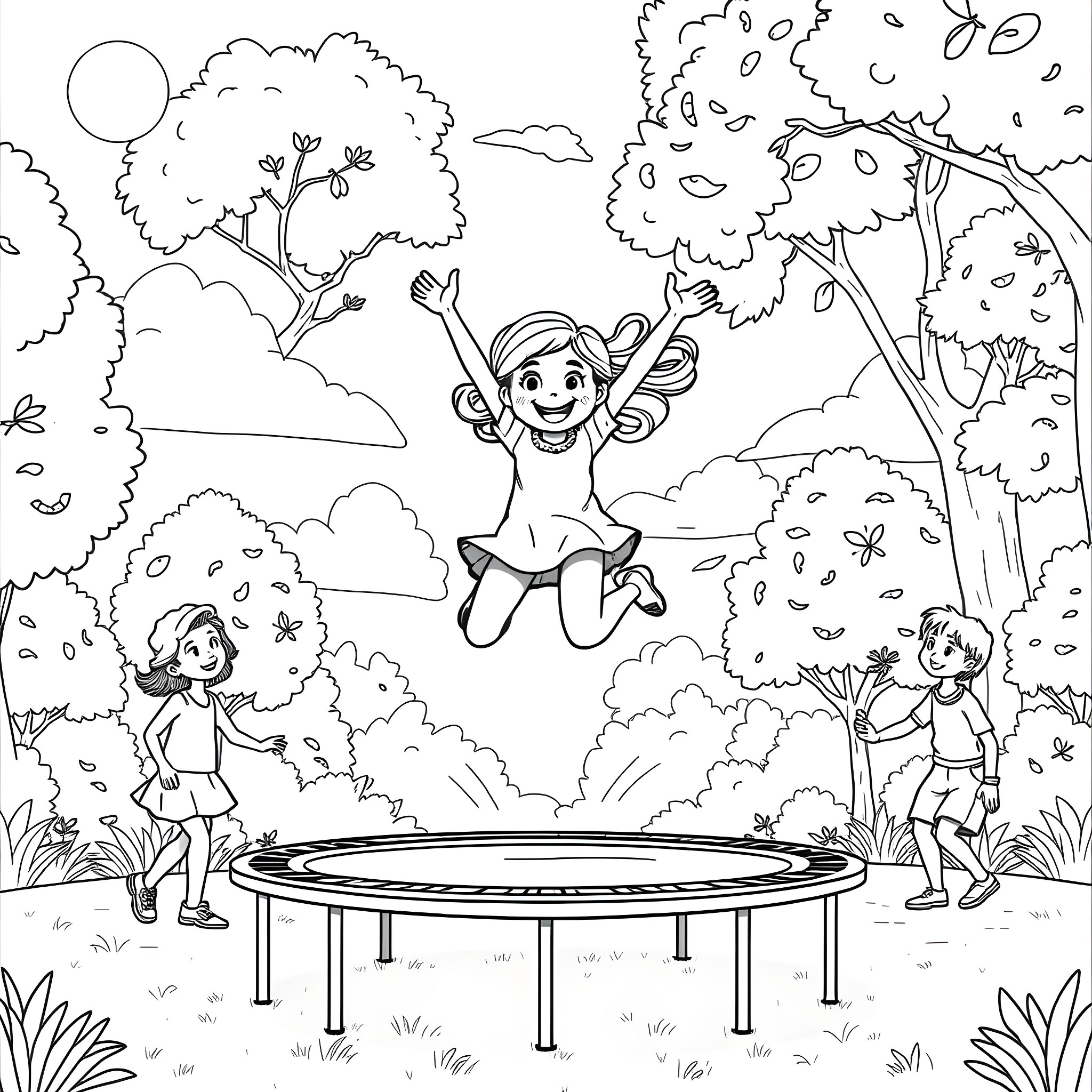 Gabbie playing joyfully on the trampoline with friends in the park Coloring Page (free black-and-white line drawing printable PDF for all, from beginners to advanced learners, including children, teens, adults, and seniors)