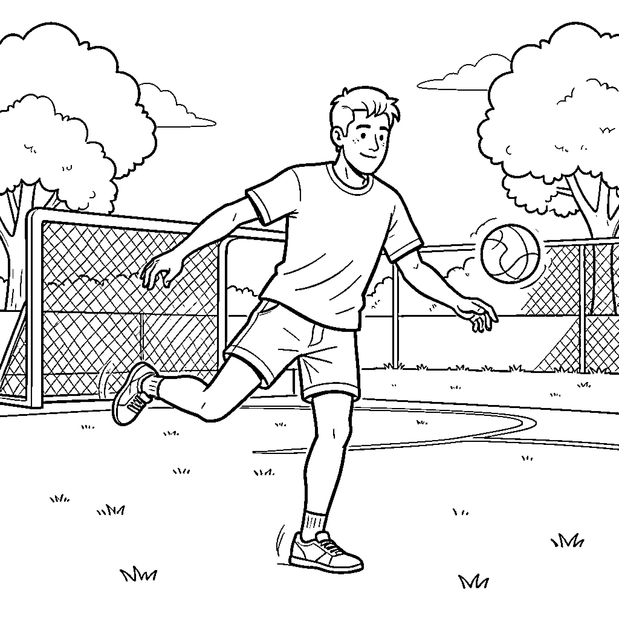 One Legged Man Playing Soccer Outdoors Coloring Page (free black-and-white line drawing printable PDF for all, from beginners to advanced learners, including children, teens, adults, and seniors)