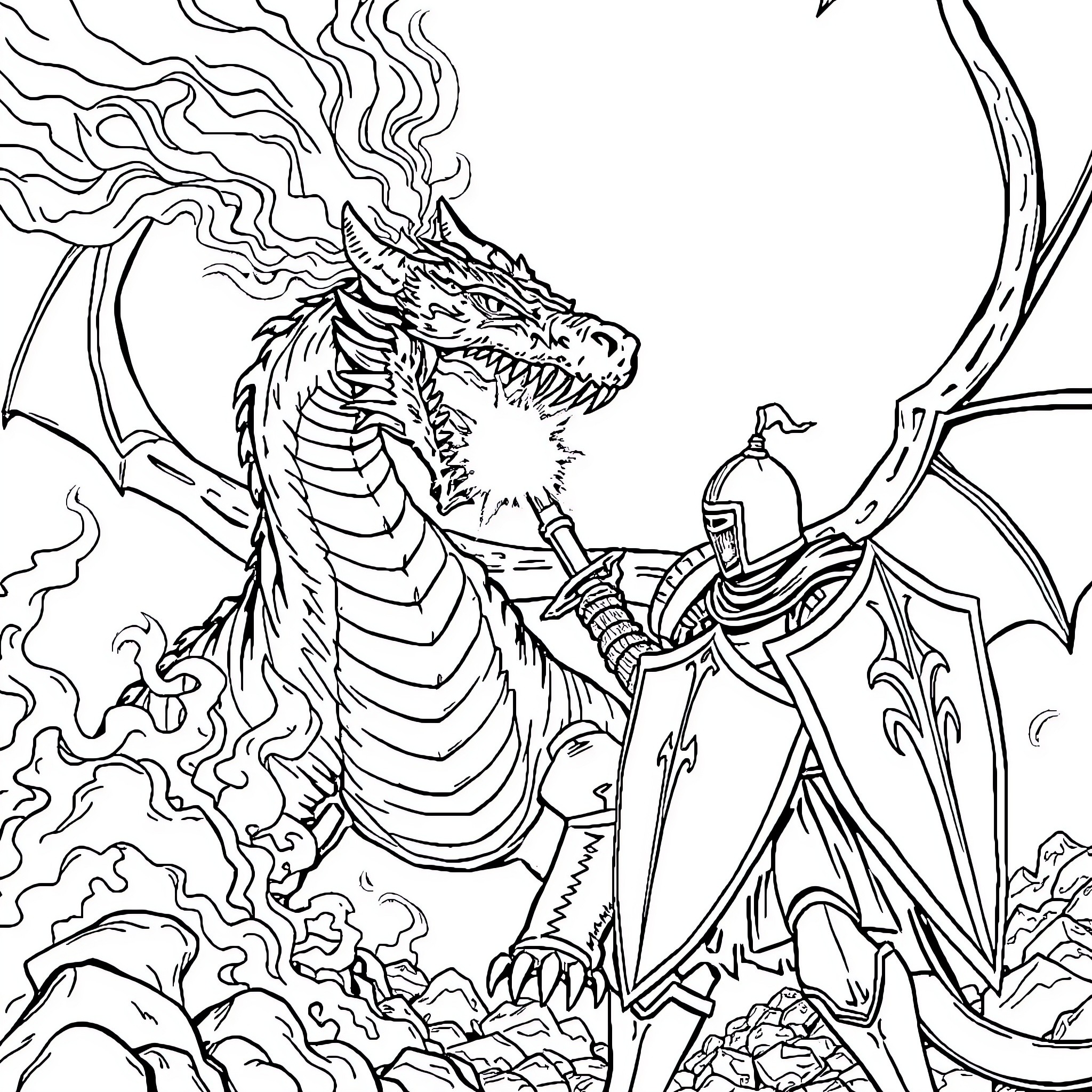 Dragon breathing fire towards a knight in armor Coloring Page (free black-and-white line drawing printable PDF for all, from beginners to advanced learners, including children, teens, adults, and seniors)