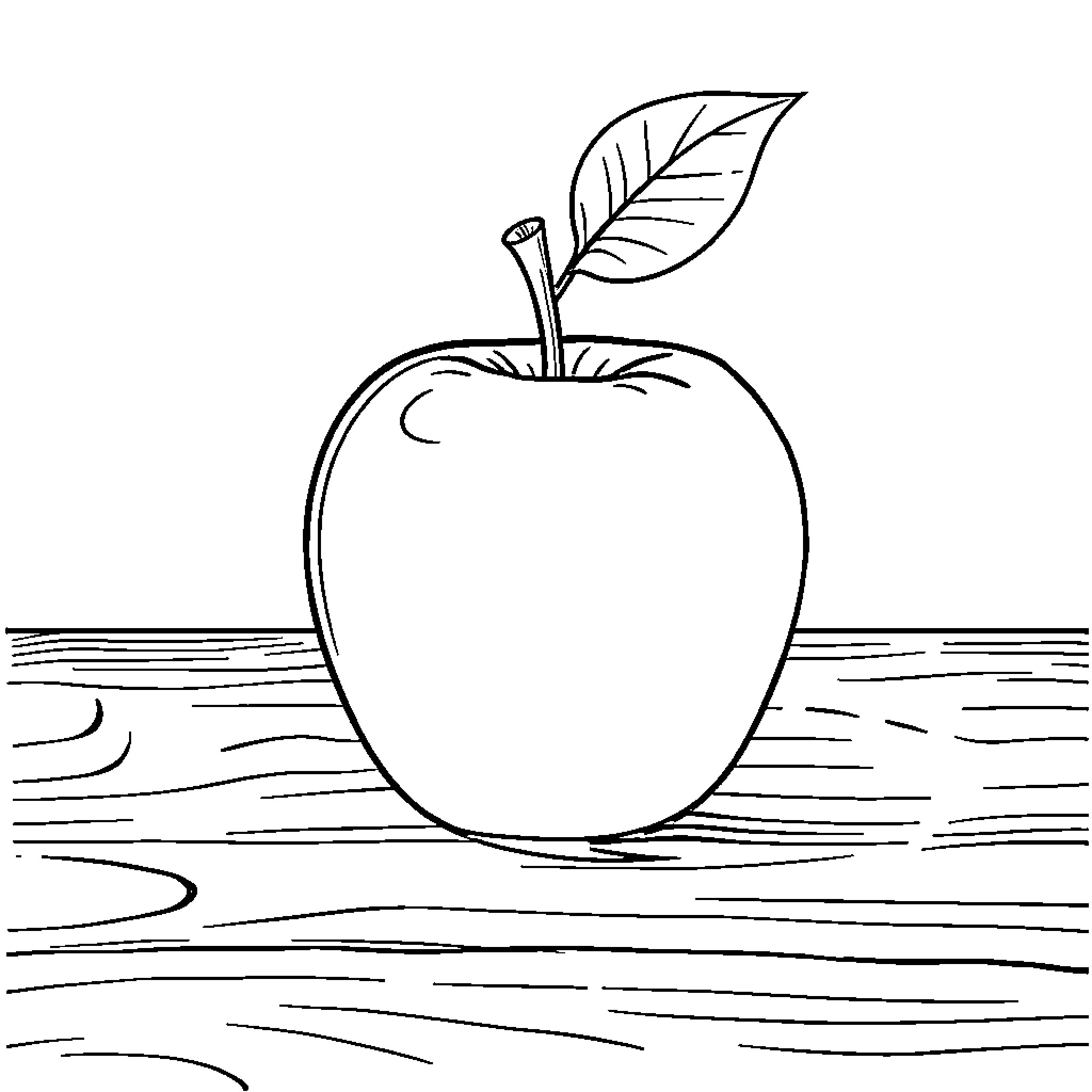 Apple on a Wooden Surface Coloring Page (free black-and-white line drawing printable PDF for all, from beginners to advanced learners, including children, teens, adults, and seniors)