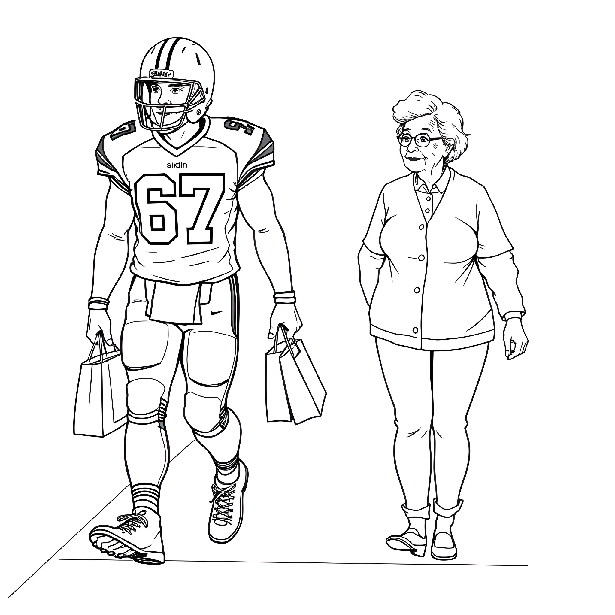 Man in Football Uniform Walking with Elderly Woman Coloring Page (free black-and-white line drawing printable PDF for all, from beginners to advanced learners, including children, teens, adults, and seniors)