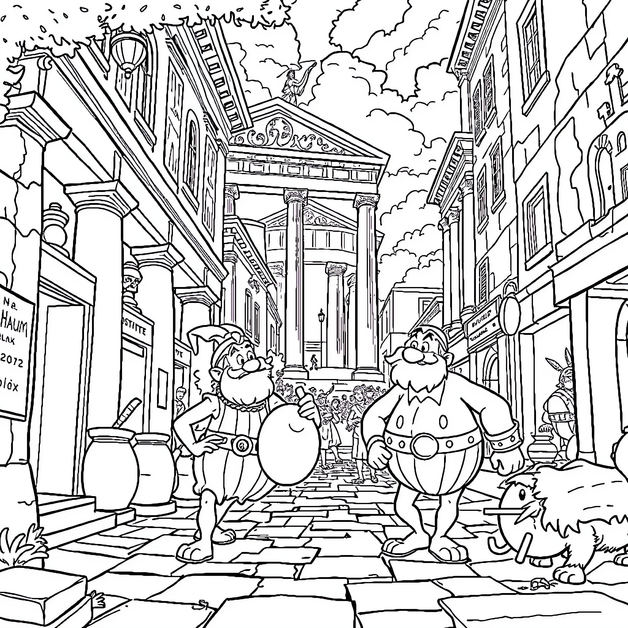 Asterix and Obelix exploring a grand city scene Coloring Page (free black-and-white line drawing printable PDF for all, from beginners to advanced learners, including children, teens, adults, and seniors)