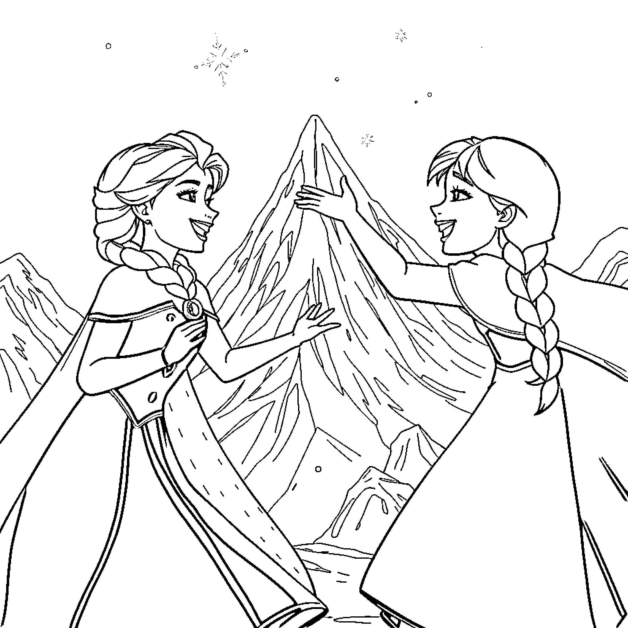 Ana y Elsa dancing joyfully in the snowy mountains Coloring Page (free black-and-white line drawing printable PDF for all, from beginners to advanced learners, including children, teens, adults, and seniors)