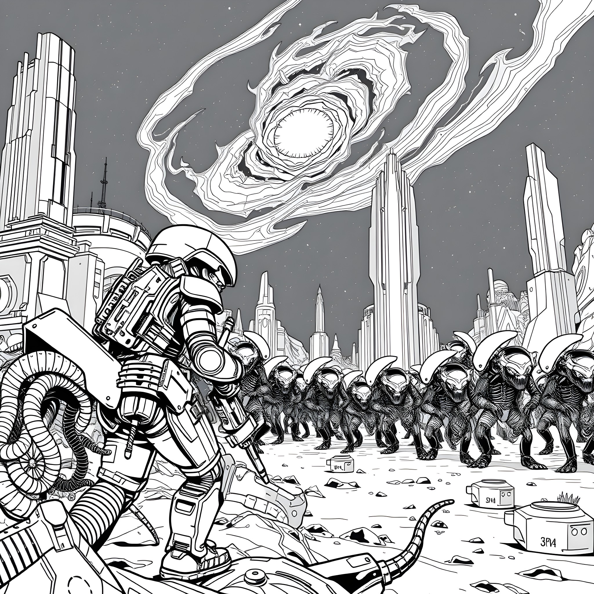 Space Marine Leads Army Against Alien Threat in Futuristic City Coloring Page (free black-and-white line drawing printable PDF for all, from beginners to advanced learners, including children, teens, adults, and seniors)