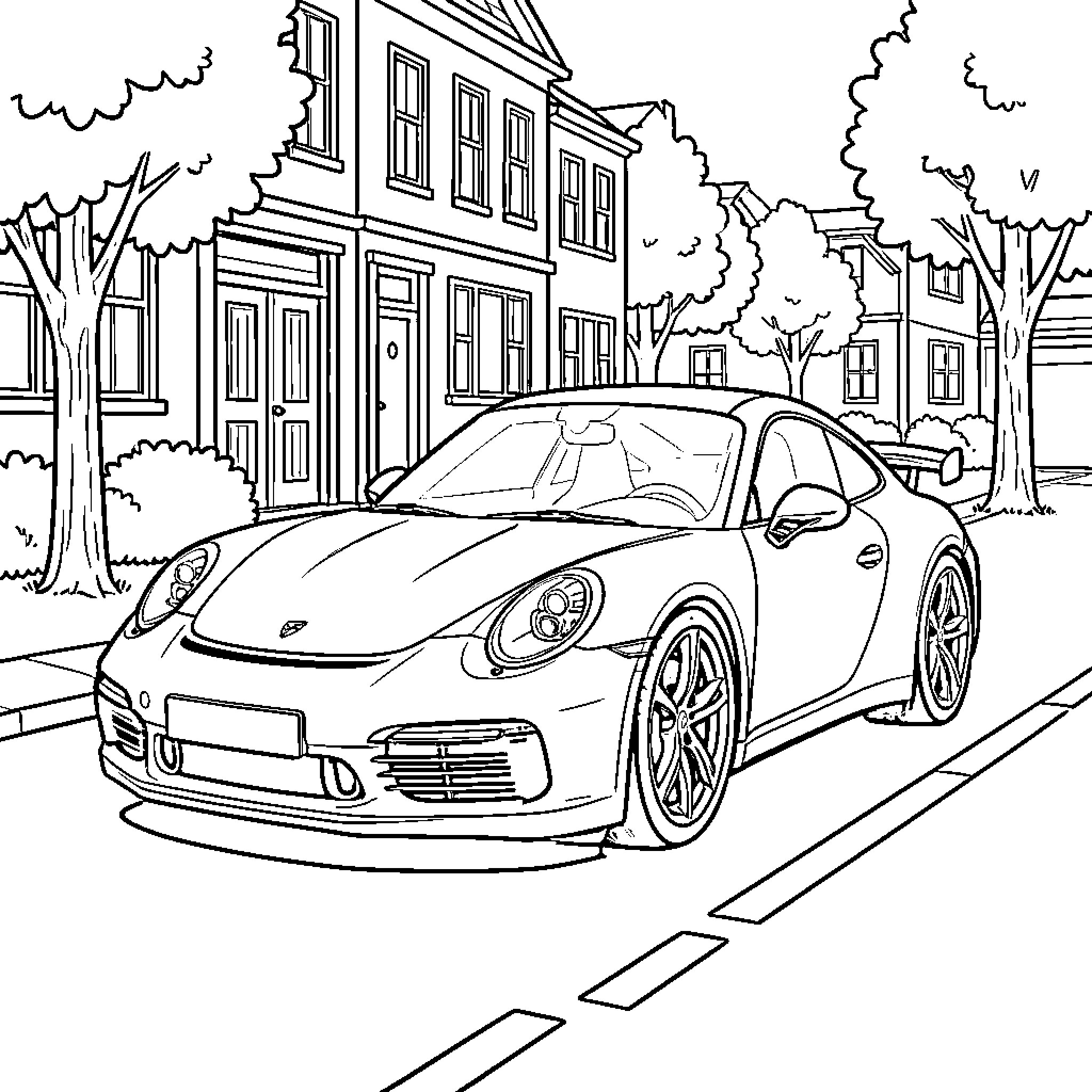 Porsche 911 parked on a quiet residential street Coloring Page (free black-and-white line drawing printable PDF for all, from beginners to advanced learners, including children, teens, adults, and seniors)