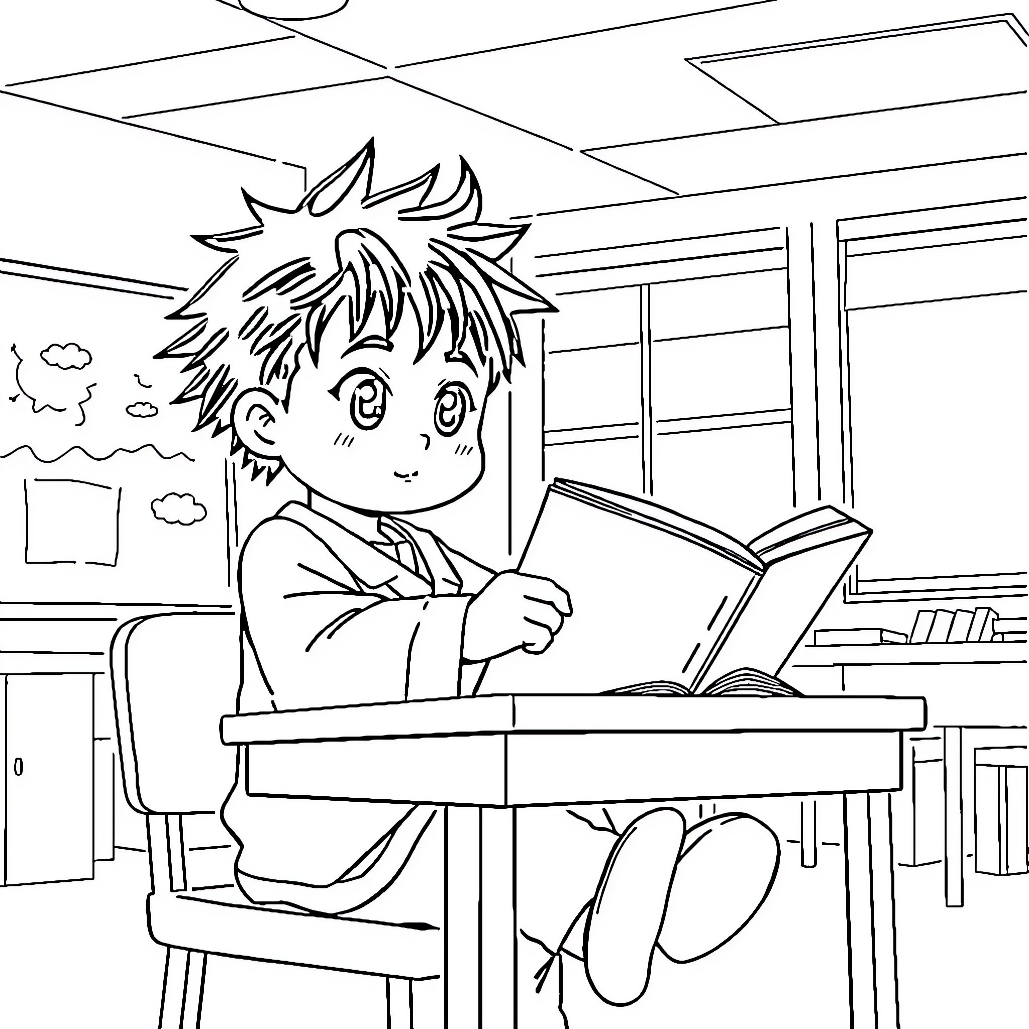 Songoku reading book in classroom Coloring Page (free black-and-white line drawing printable PDF for all, from beginners to advanced learners, including children, teens, adults, and seniors)