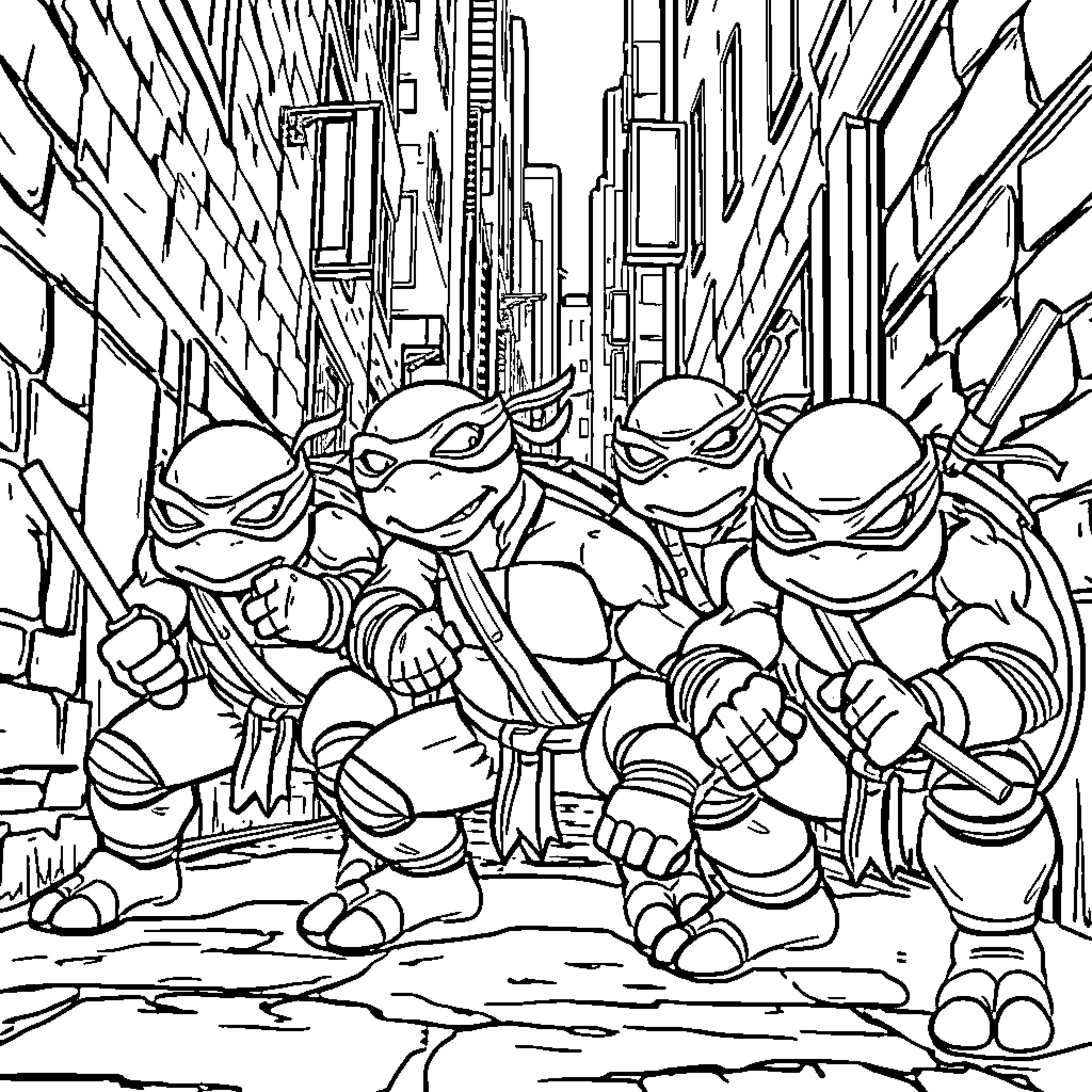 Ninja Turtles running through the urban city Coloring Page (free black-and-white line drawing printable PDF for all, from beginners to advanced learners, including children, teens, adults, and seniors)